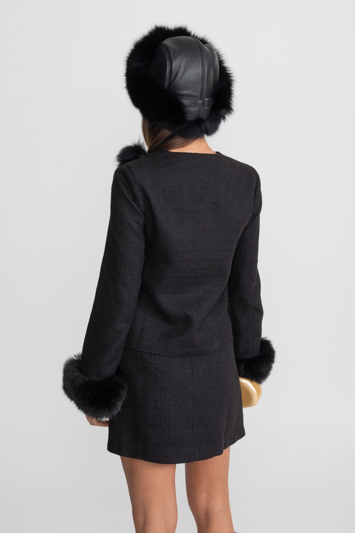 High Waisted A-Line Tweed Mini Skirt with Gold Buttons – Black – view 5