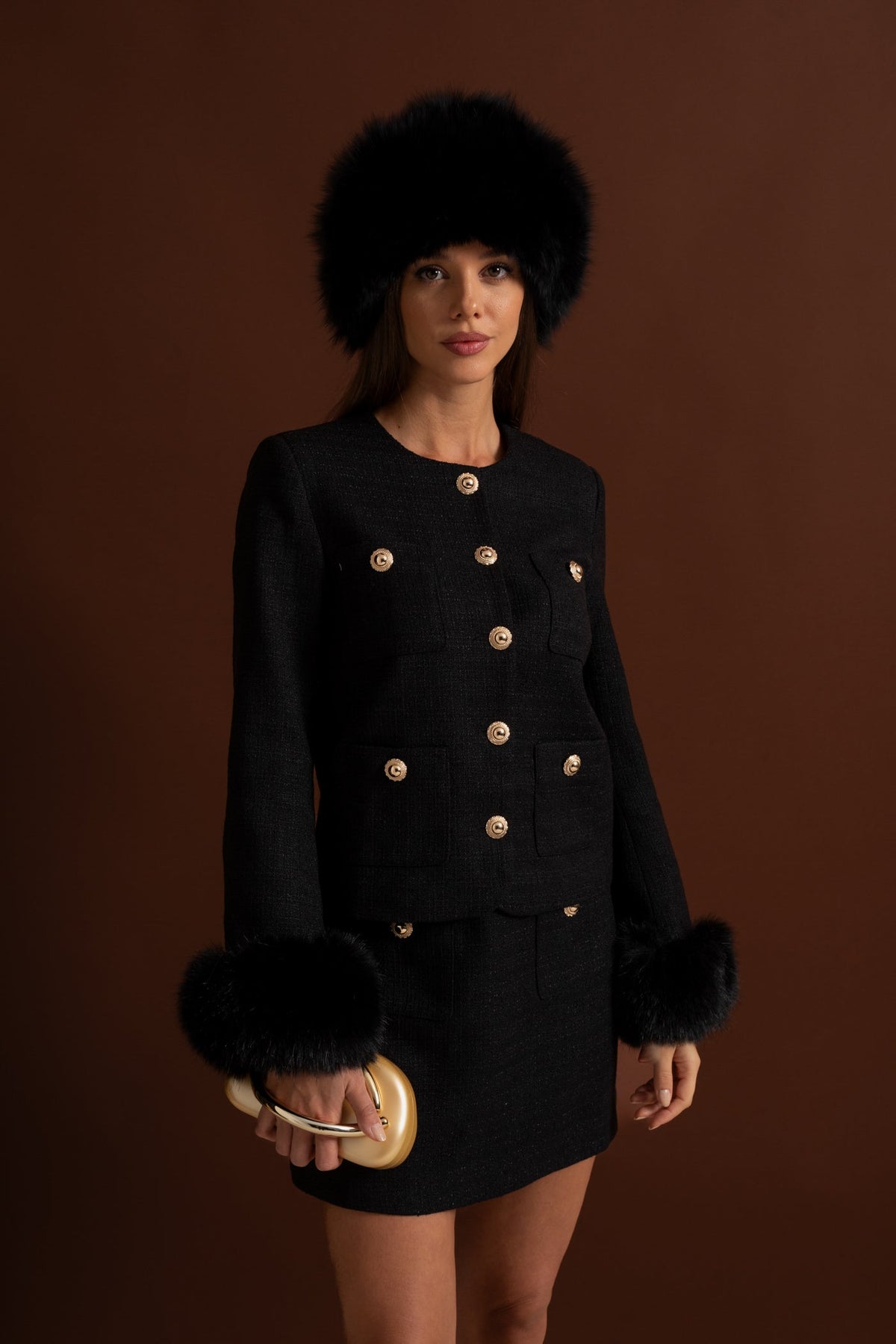 Round Neck Tweed Blazer with Faux Fur Cuffs and Gold Buttons – Black – view 3