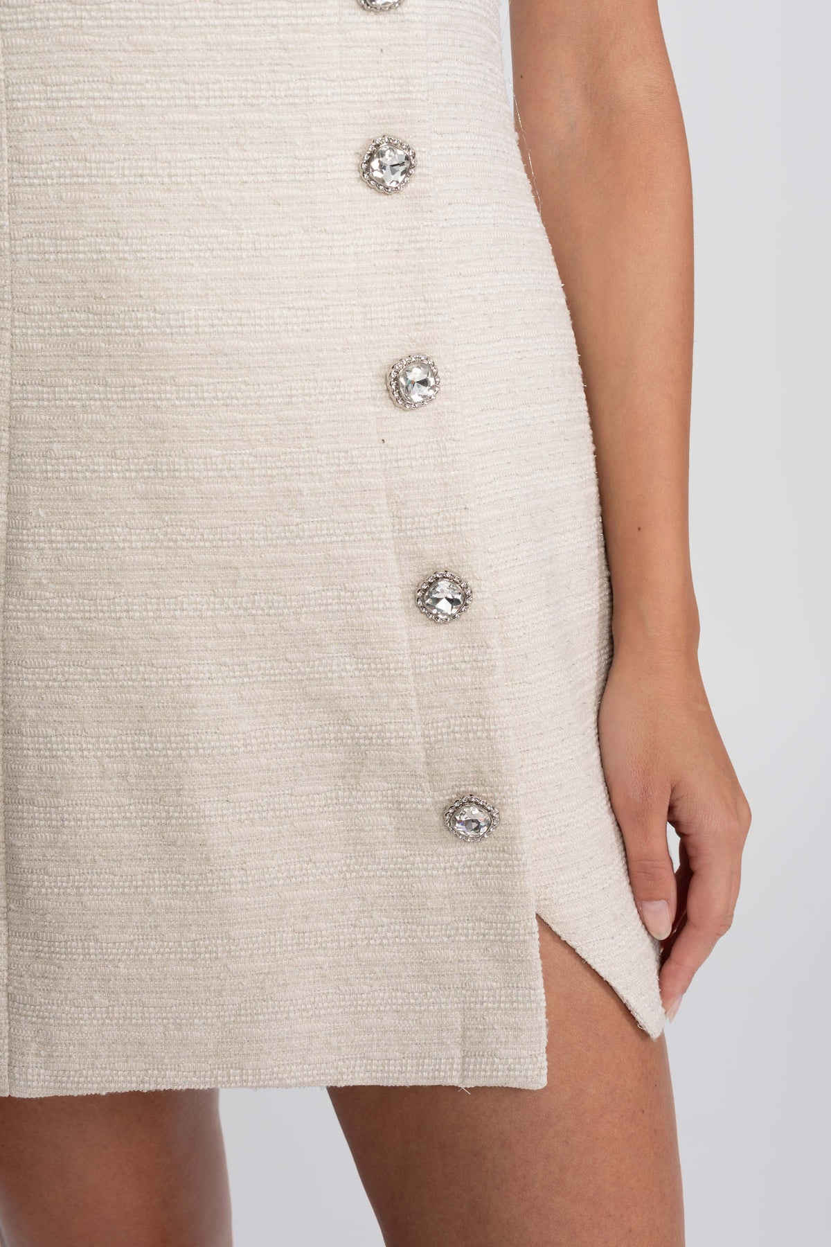 Square Neck Crystal Strap Mini Dress with Side Button Detail – Ivory – view 10