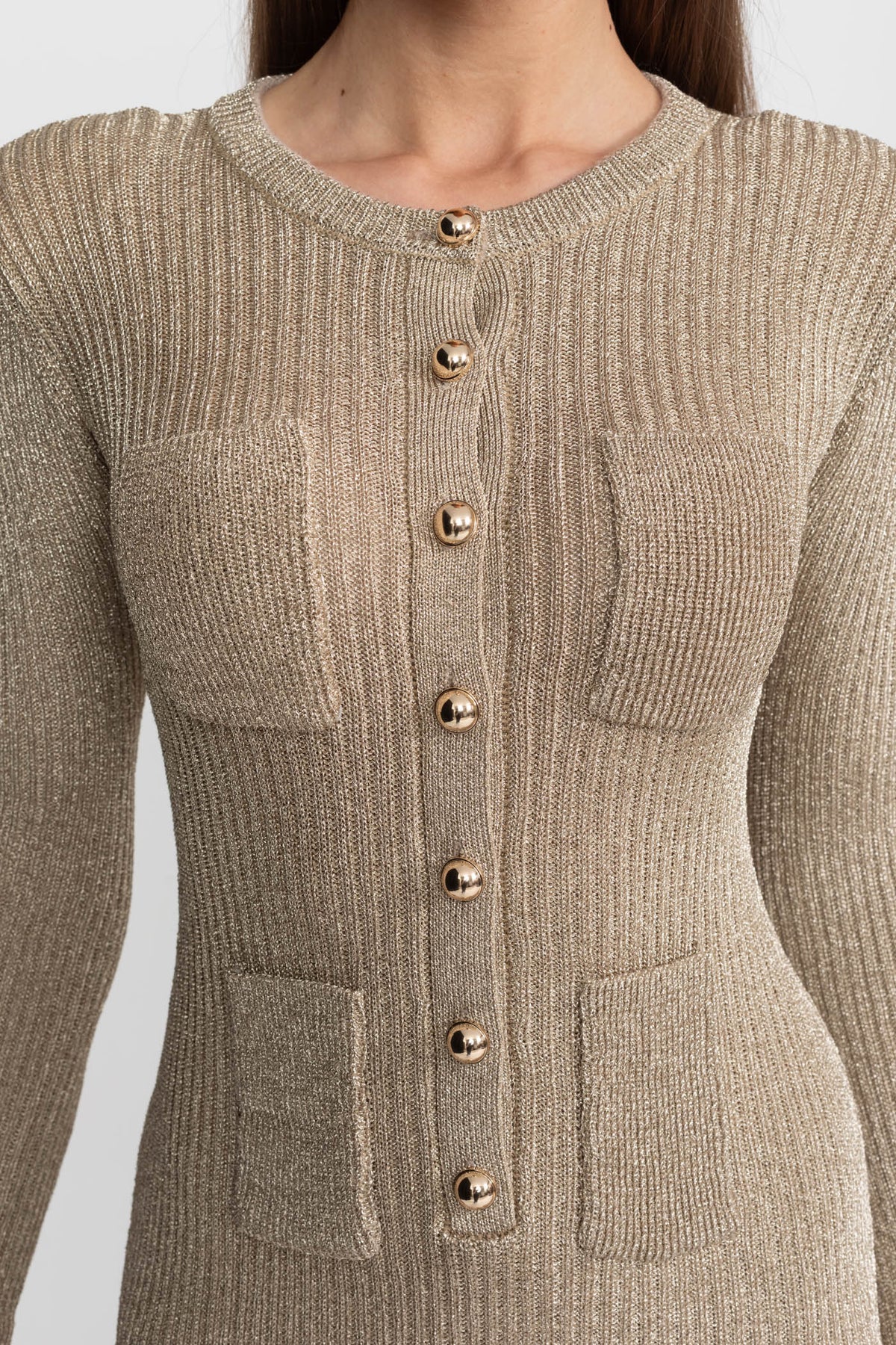Shimmer Ribbed Knit Long Sleeve Mini Dress with Gold Buttons – Champagne – view 6
