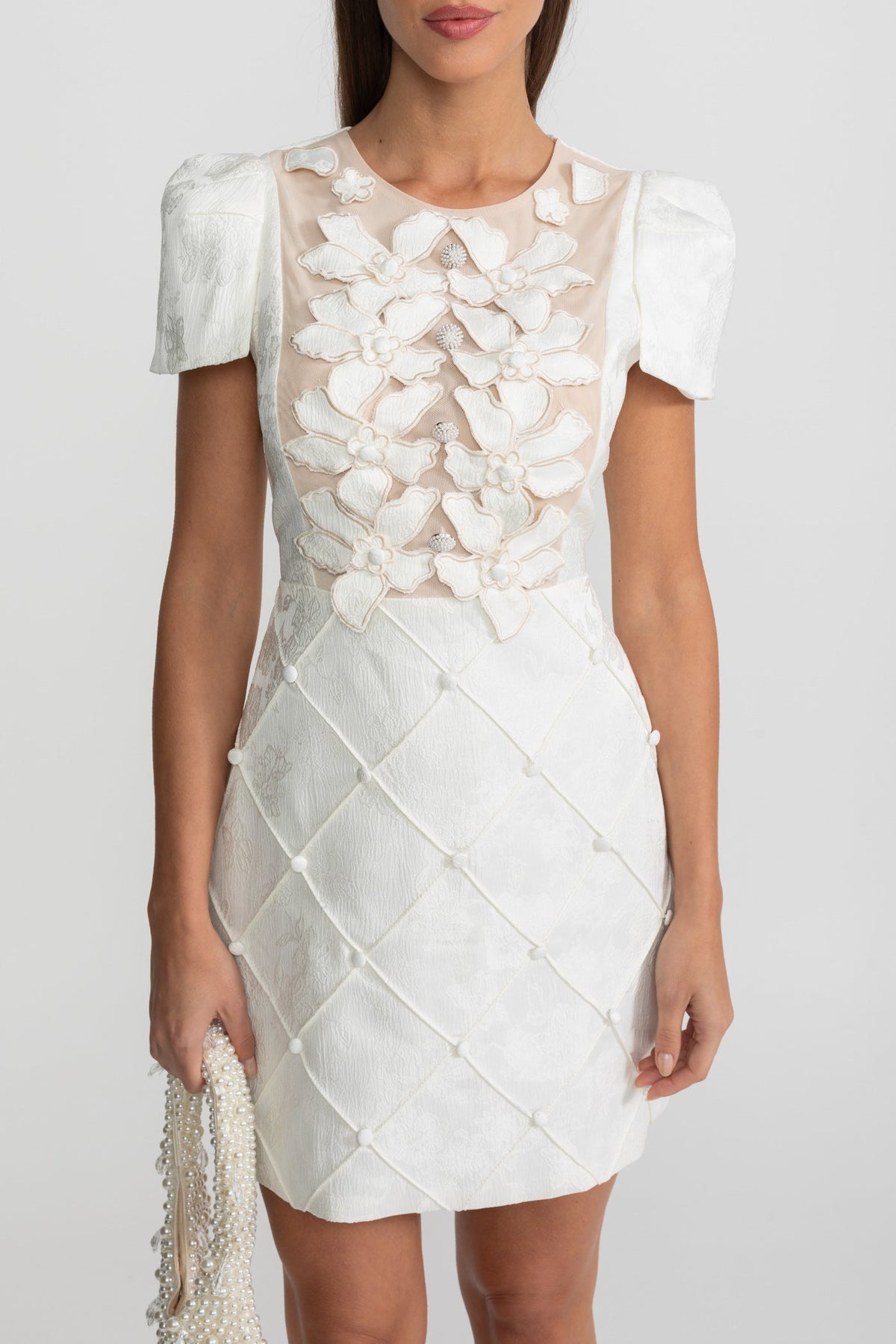 3D Floral Appliqué Short Sleeve Mini Dress with Quilted Skirt – White – view 4