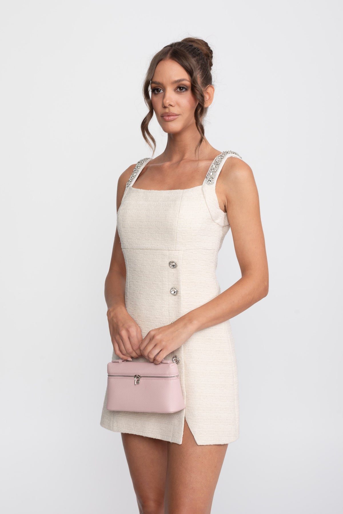 Square Neck Crystal Strap Mini Dress with Side Button Detail – Ivory – view 7