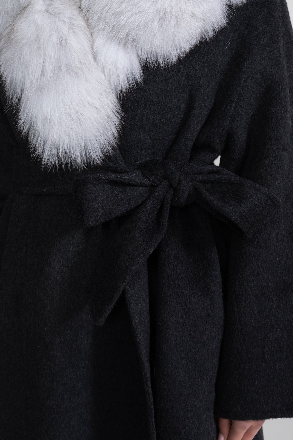 Double-Faced Wool Wrap Coat with Collar Trim and Tie Belt – Black/Grey – view 3