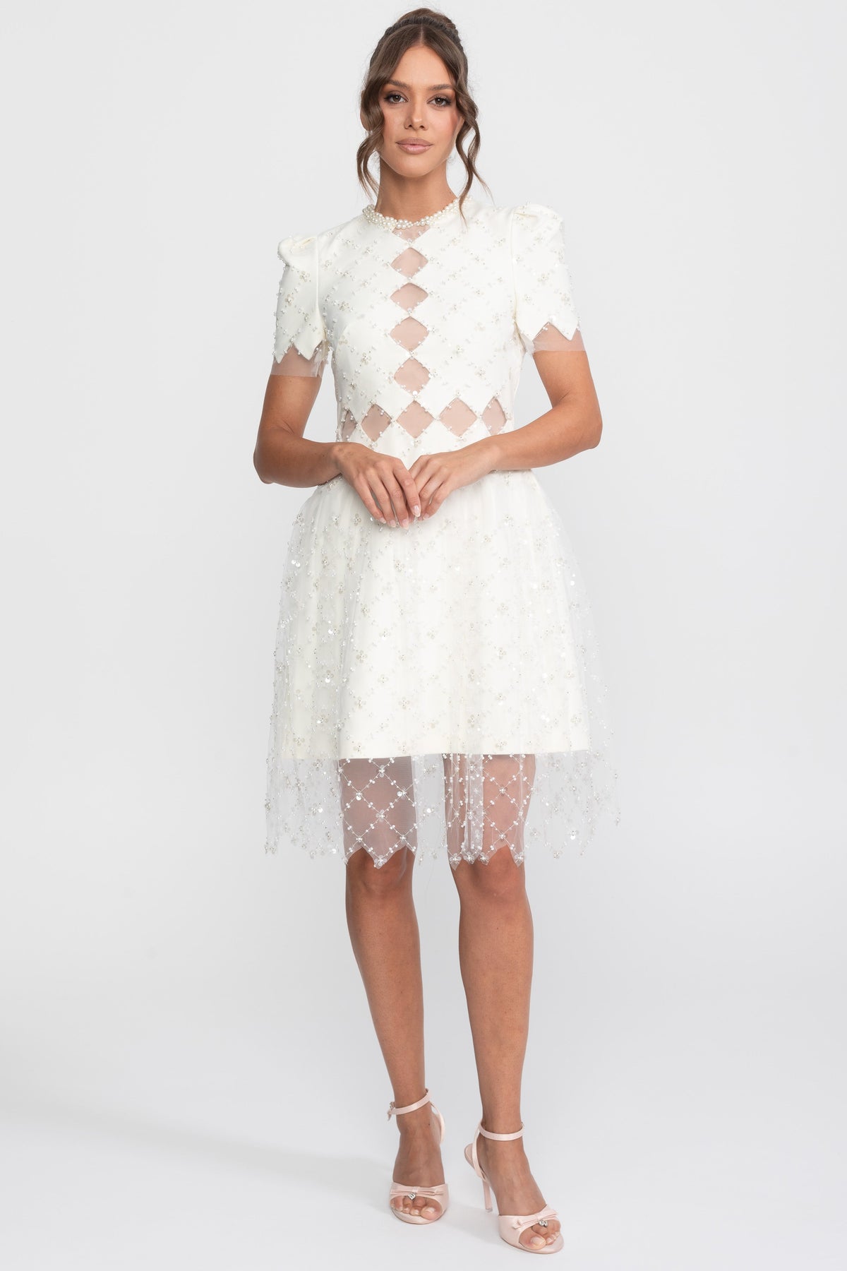 Pearl Trim Beaded Midi Dress with Diamond Mesh Cut-Outs – White – view 3