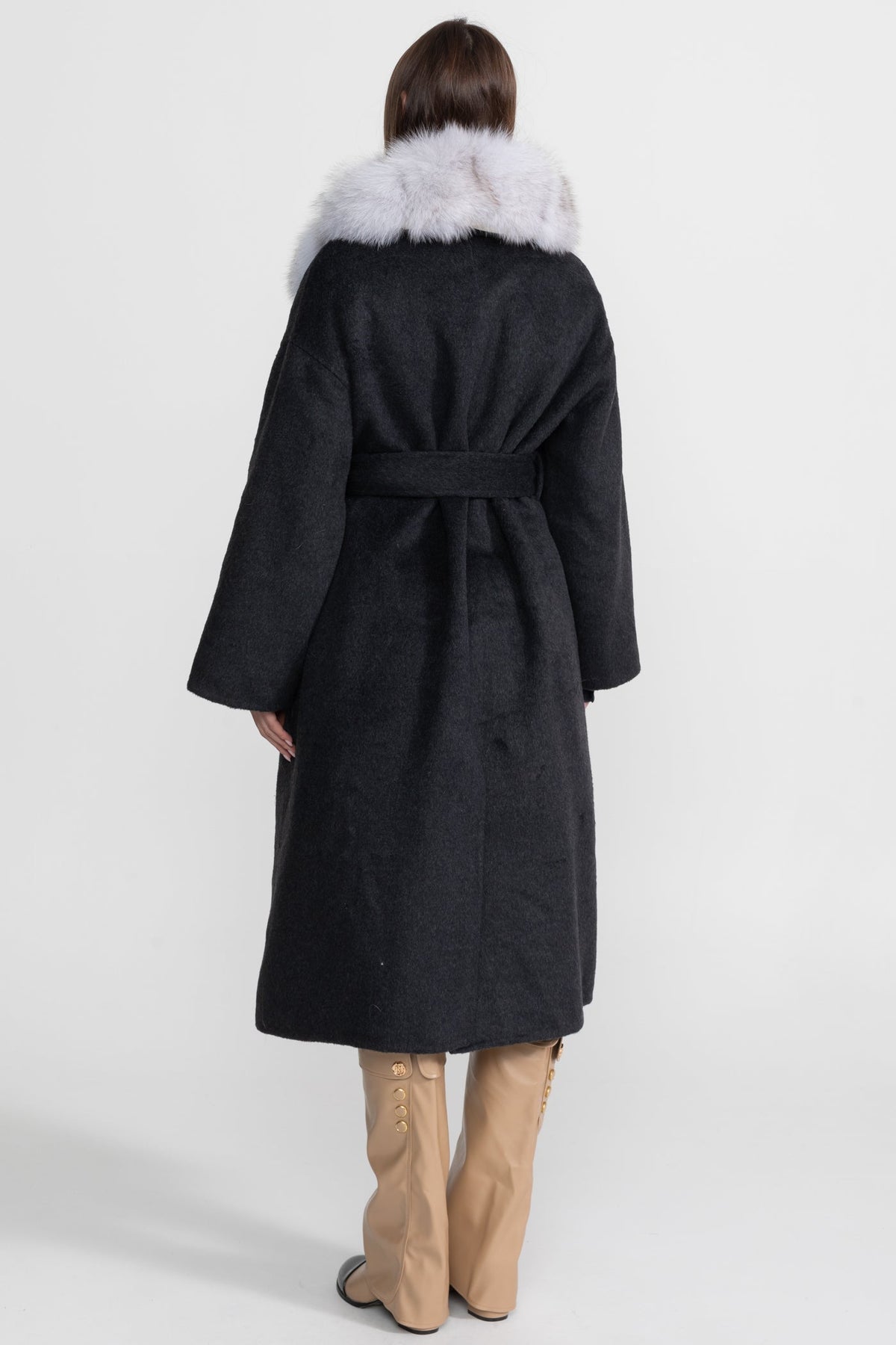 Double-Faced Wool Wrap Coat with Collar Trim and Tie Belt – Black/Grey – view 5