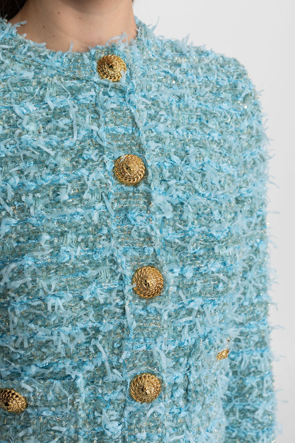 Round Neck Textured Tweed Jacket with Gold Buttons – Blue – view 4