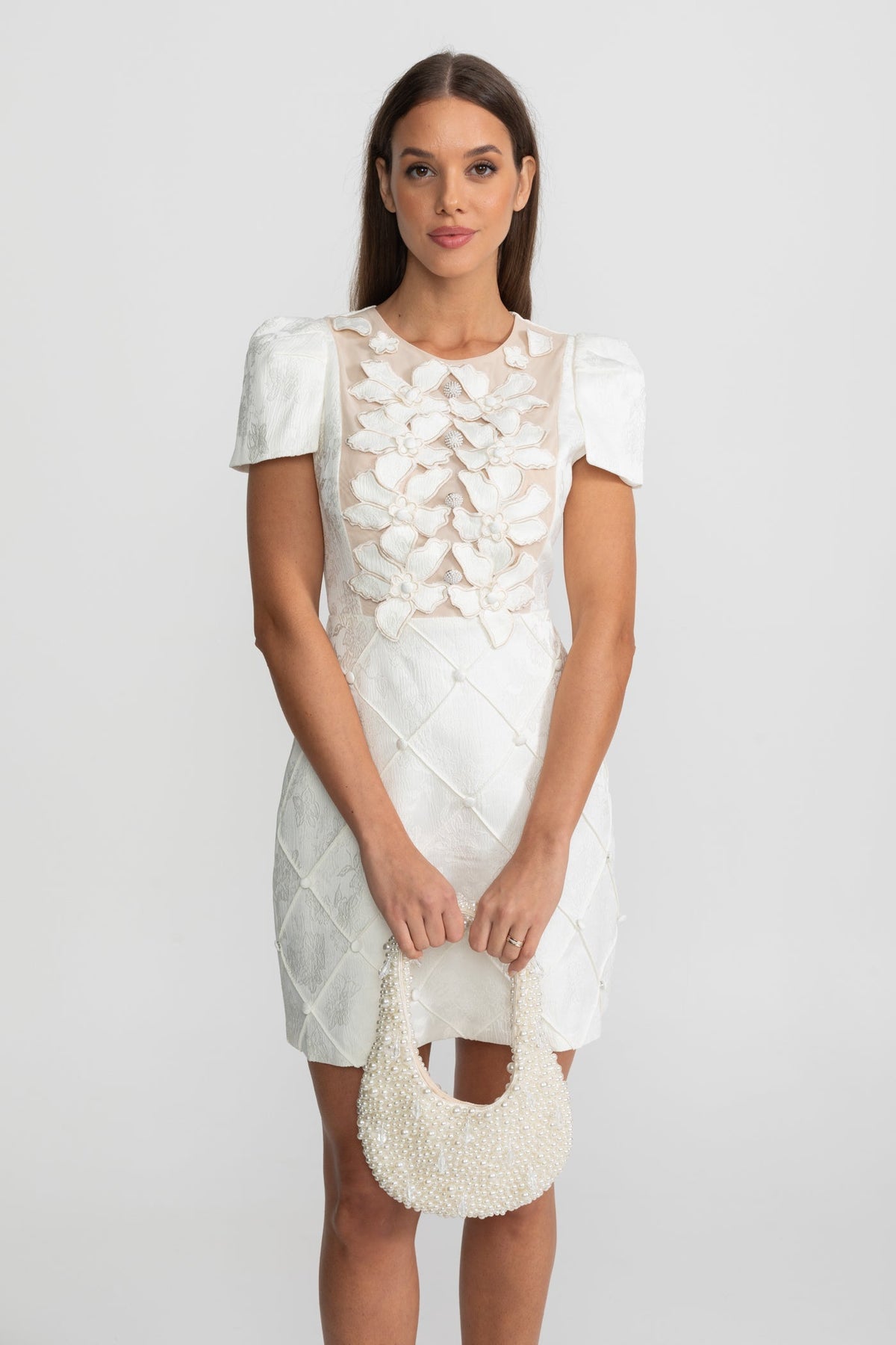 3D Floral Appliqué Short Sleeve Mini Dress with Quilted Skirt – White