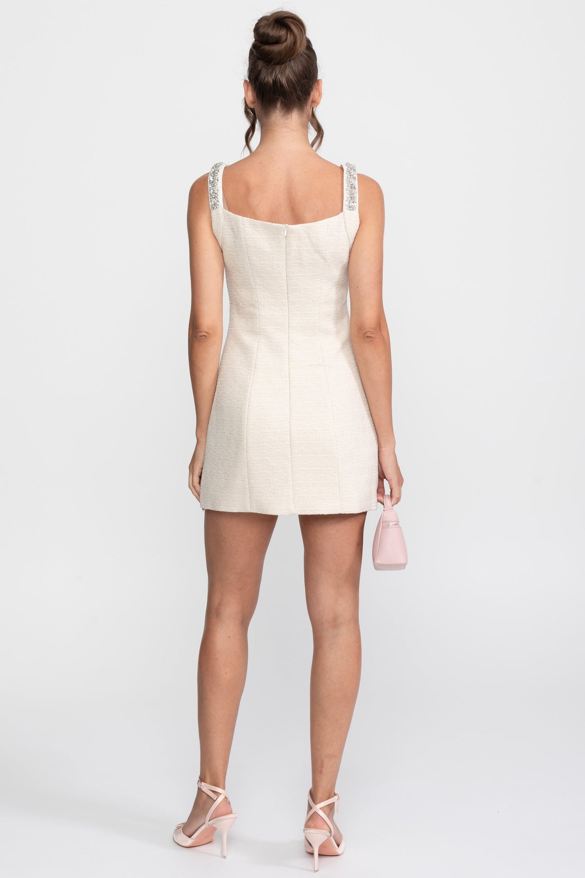 Square Neck Crystal Strap Mini Dress with Side Button Detail – Ivory – view 11