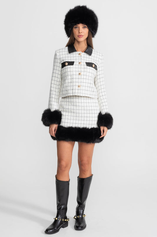Check Tweed Faux Fur Trim Mini Skirt Set – White and Black