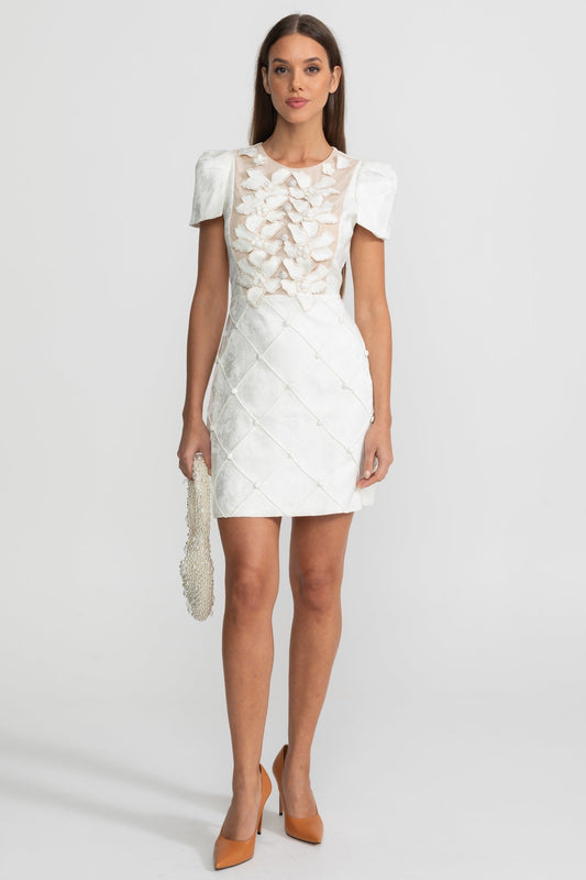 3D Floral Appliqué Short Sleeve Mini Dress with Quilted Skirt – White