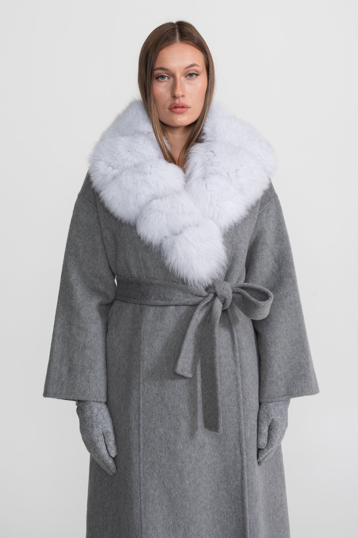 Double-Faced Wool Wrap Coat with Collar Trim and Tie Belt – Grey – view 5