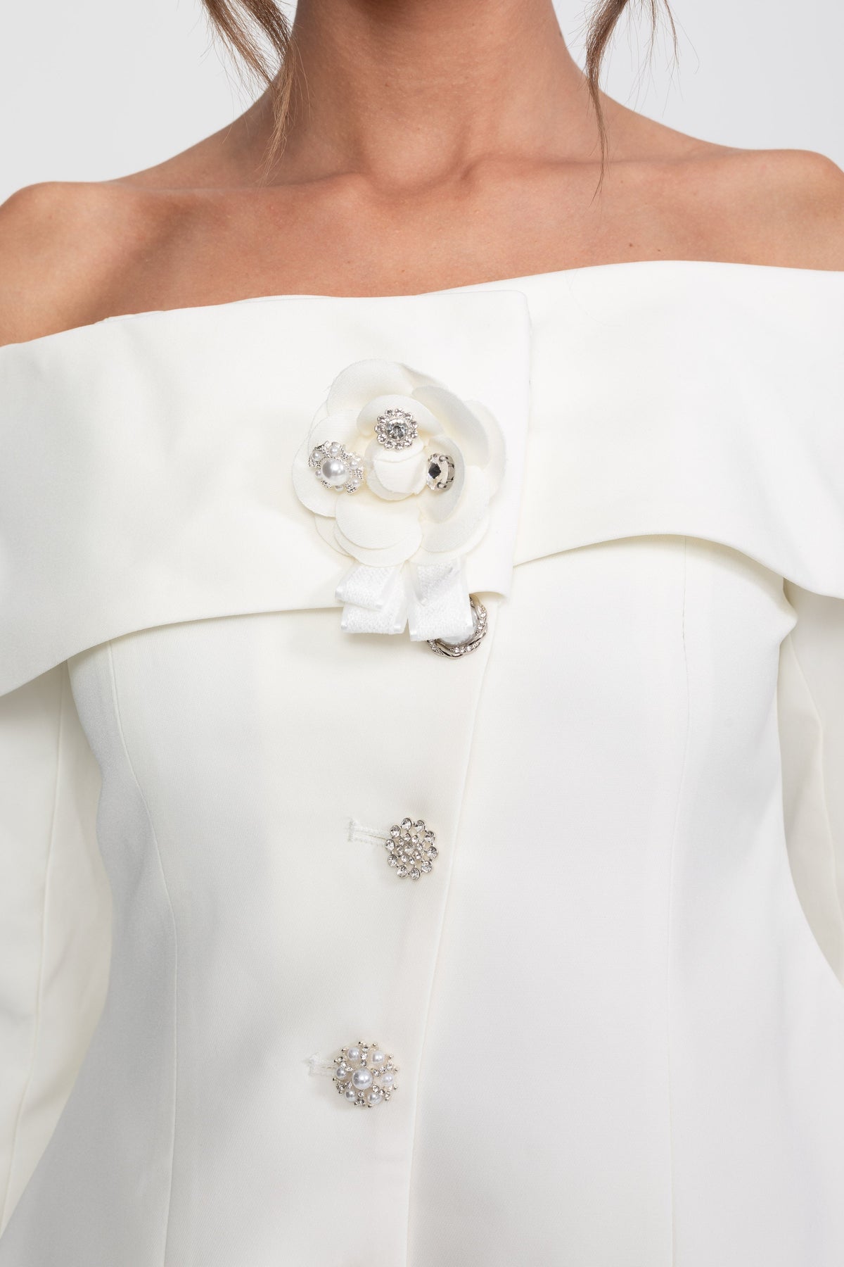 Off-Shoulder Peplum Top and Mini Skirt Co-ord Set with Crystal Brooch – White – view 6