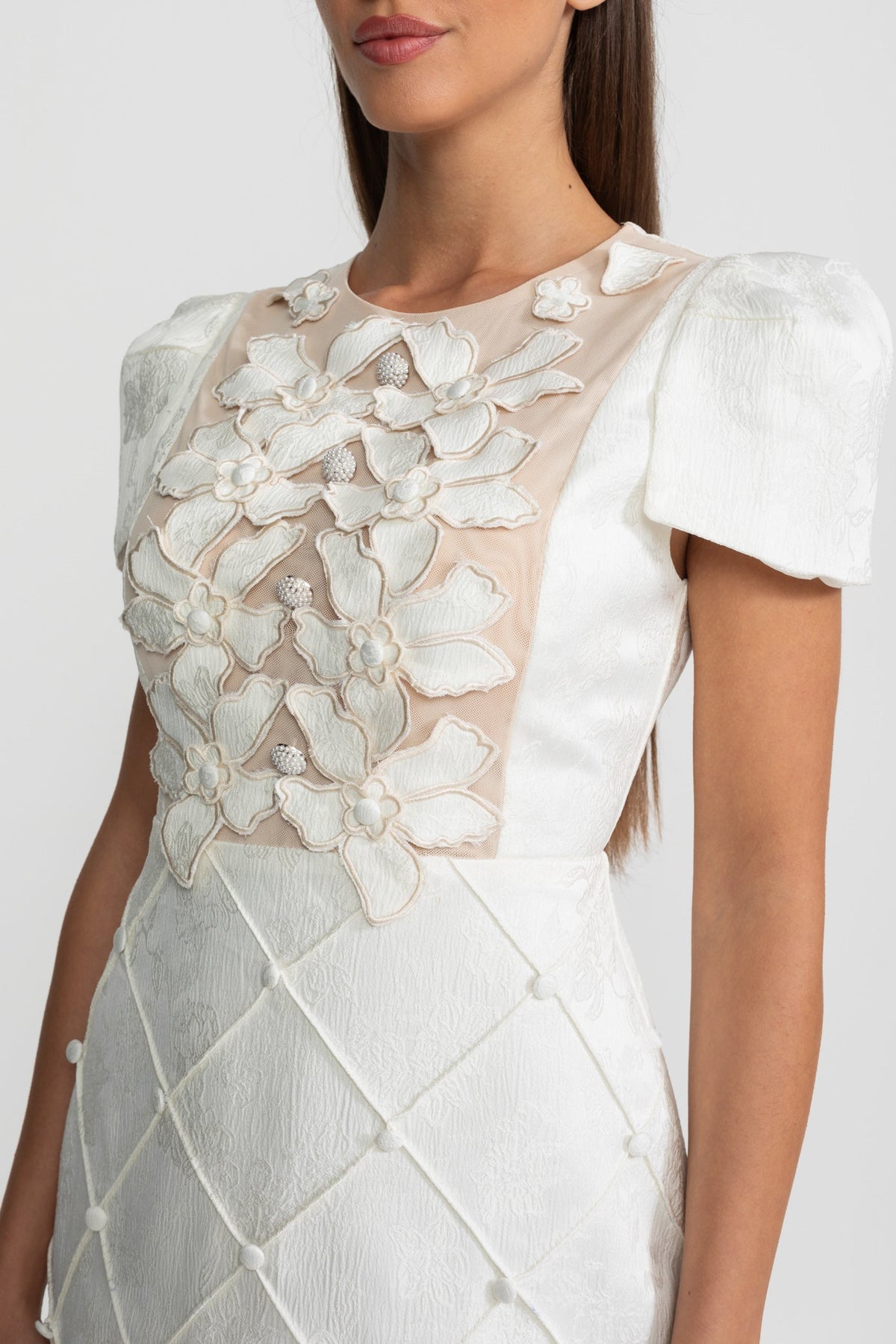 3D Floral Appliqué Short Sleeve Mini Dress with Quilted Skirt – White – view 6