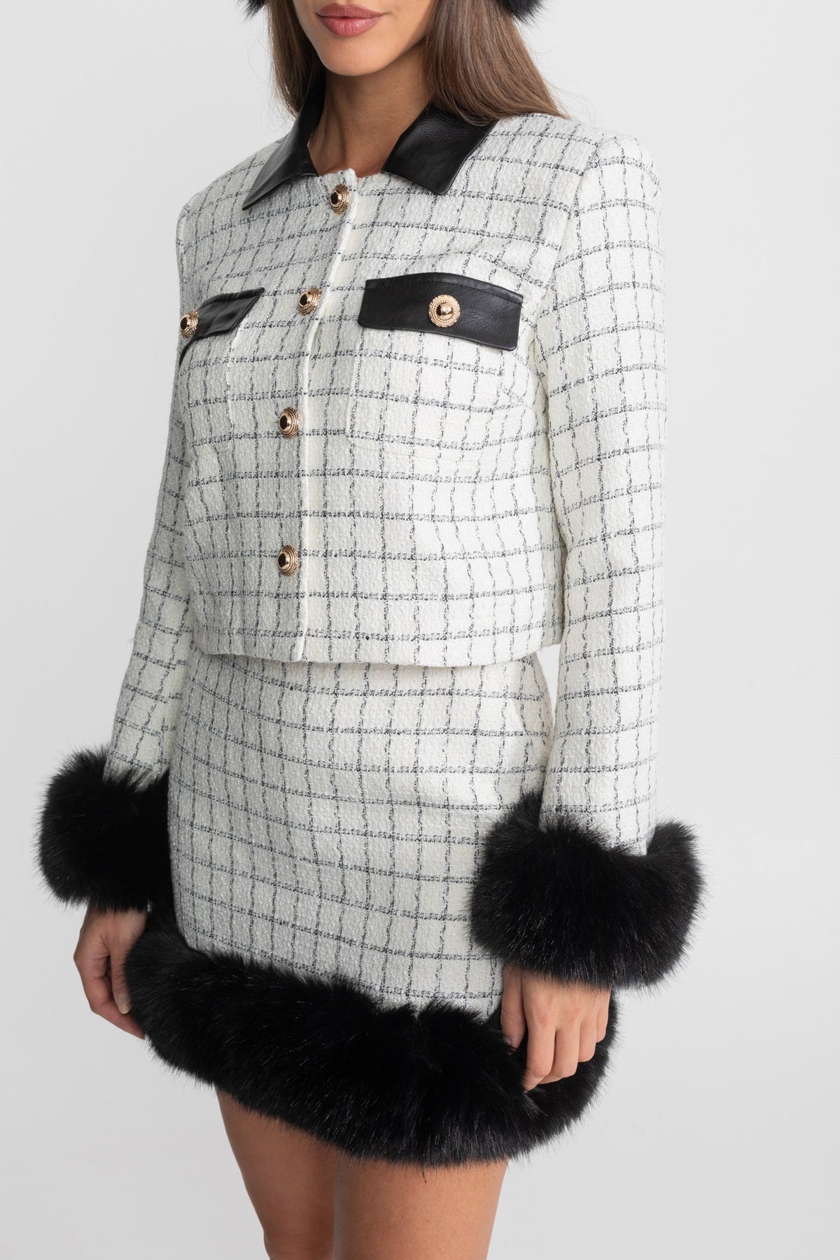 Check Tweed Faux Fur Trim Mini Skirt Set – White and Black – view 3
