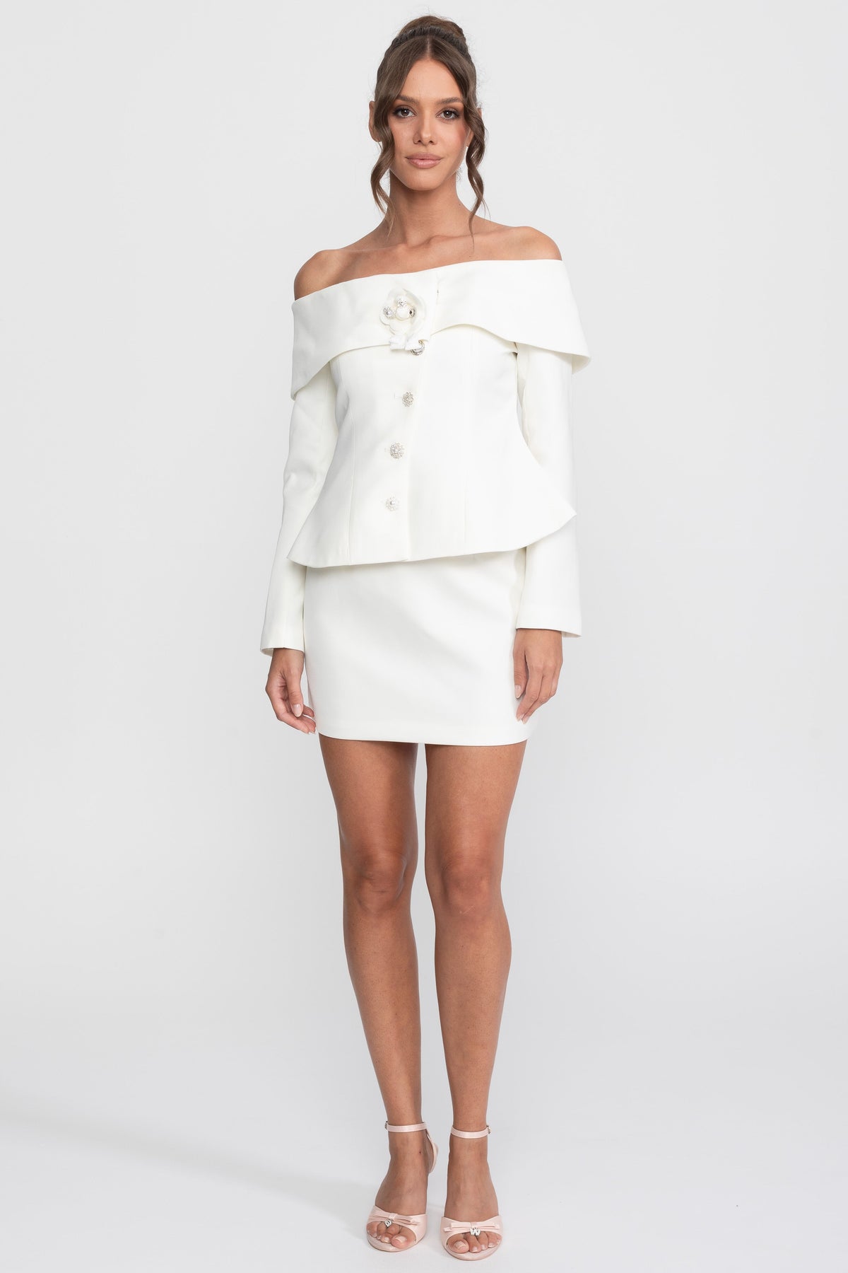 Off-Shoulder Peplum Top and Mini Skirt Co-ord Set with Crystal Brooch – White – view 2