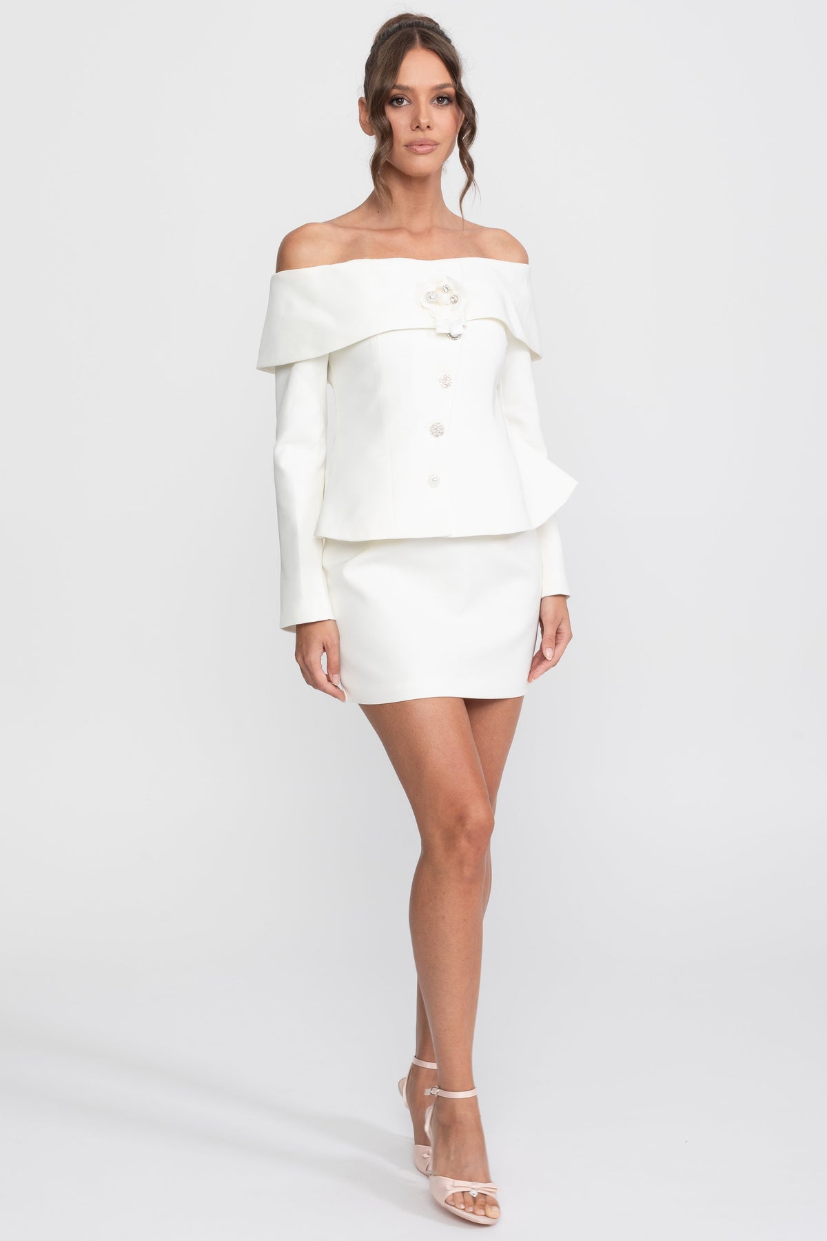 Off-Shoulder Peplum Top and Mini Skirt Co-ord Set with Crystal Brooch – White – view 3