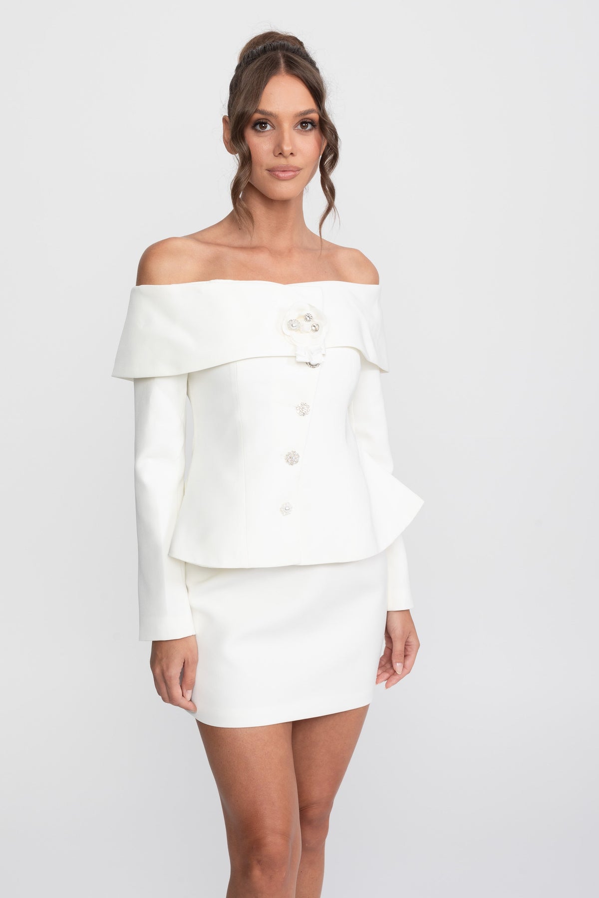 Off-Shoulder Peplum Top and Mini Skirt Co-ord Set with Crystal Brooch – White