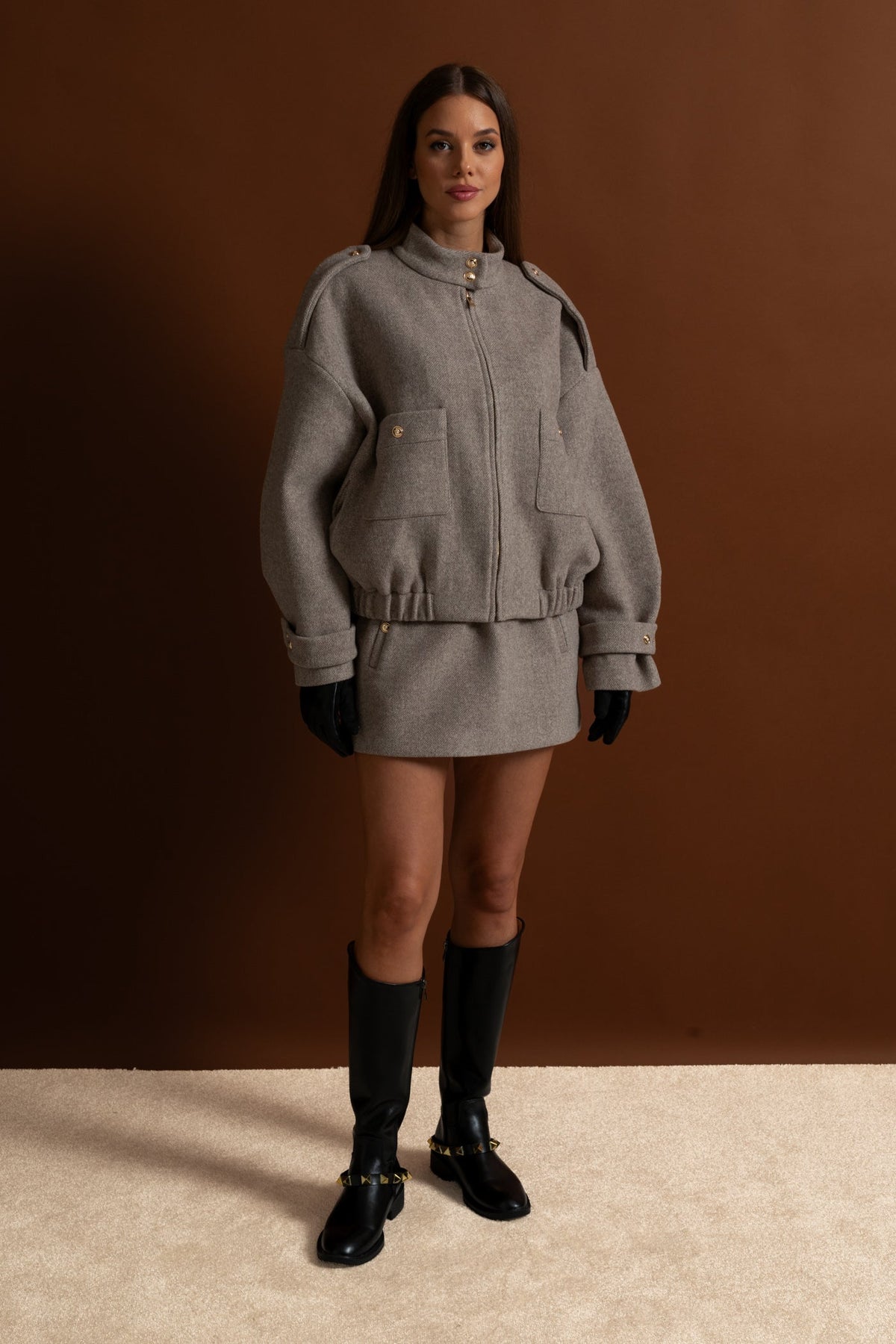 Wool Blend Cropped Bomber Jacket and Mini Skirt Co-ord Set – Taupe – view 2