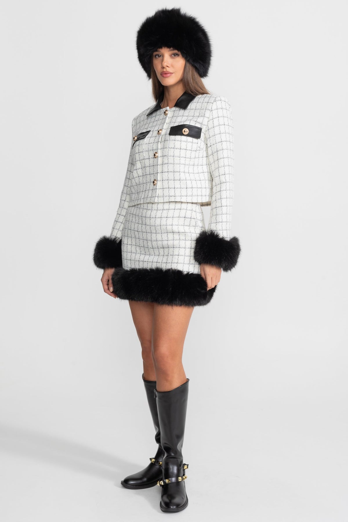 Check Tweed Faux Fur Trim Mini Skirt Set – White and Black – view 5