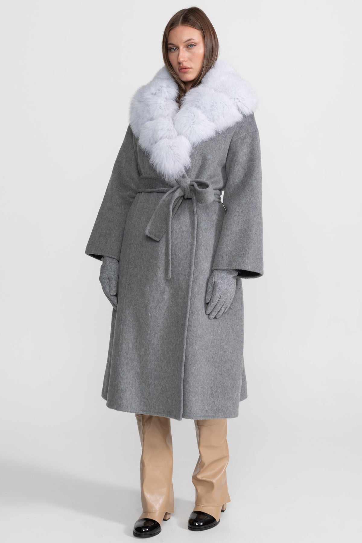 Double-Faced Wool Wrap Coat with Collar Trim and Tie Belt – Grey – view 4