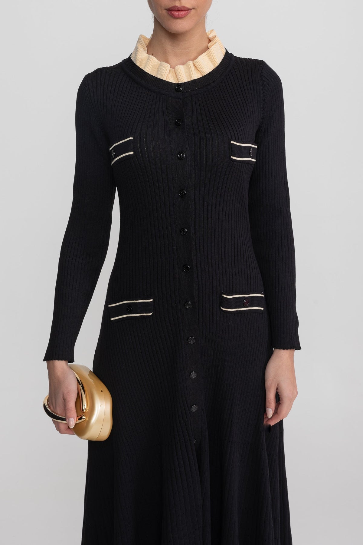 Ribbed Knit Button-Through Midi Dress with Ruffle Neck – Black