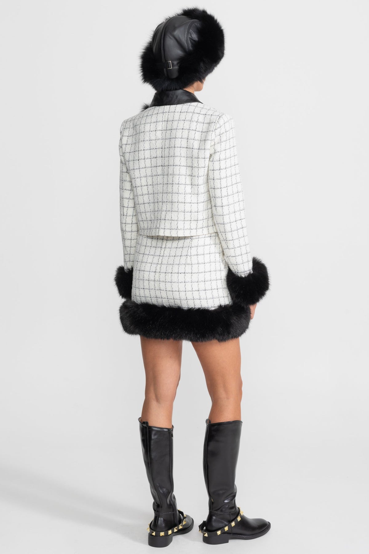 Check Tweed Faux Fur Trim Mini Skirt Set – White and Black – view 6
