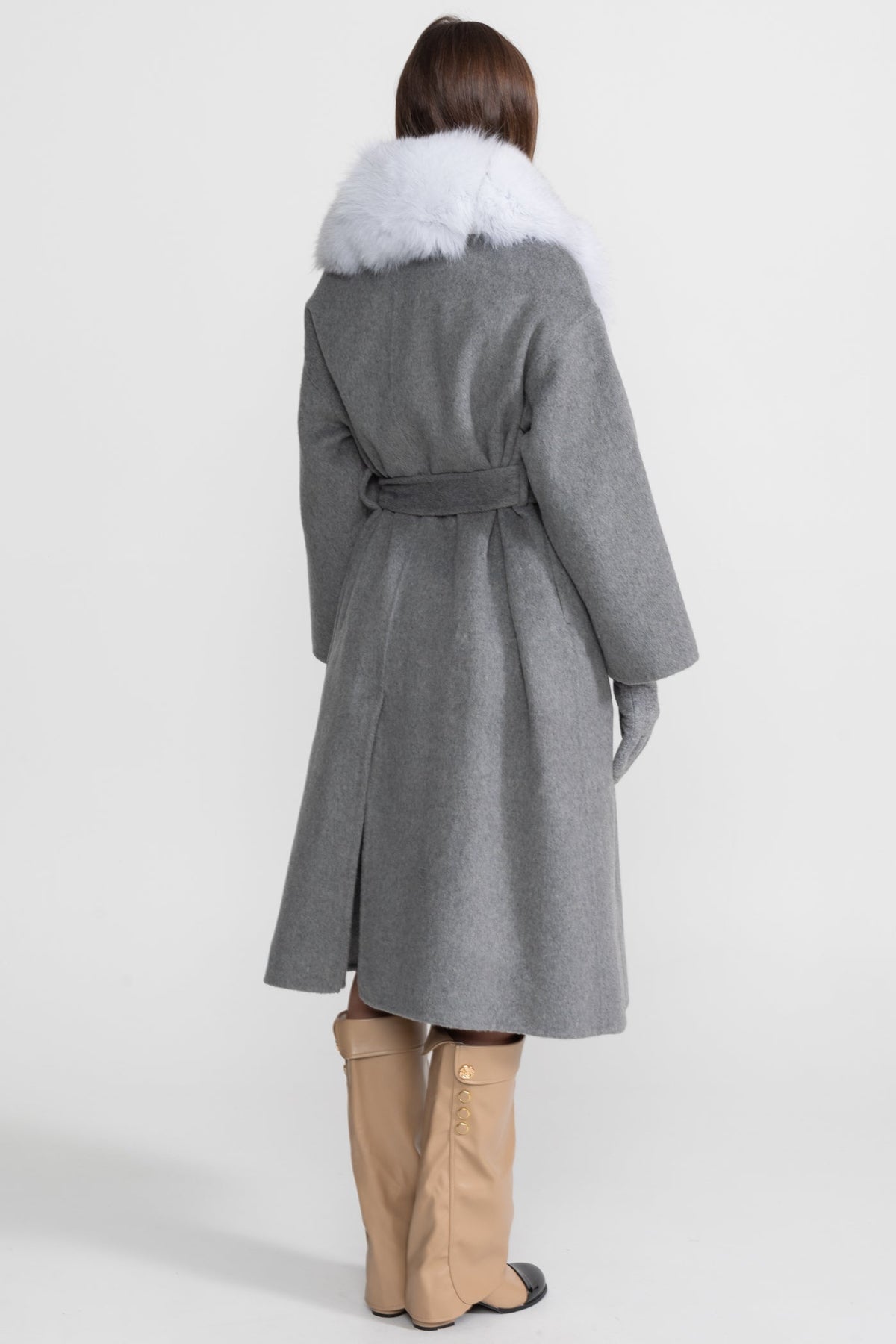 Double-Faced Wool Wrap Coat with Collar Trim and Tie Belt – Grey – view 3