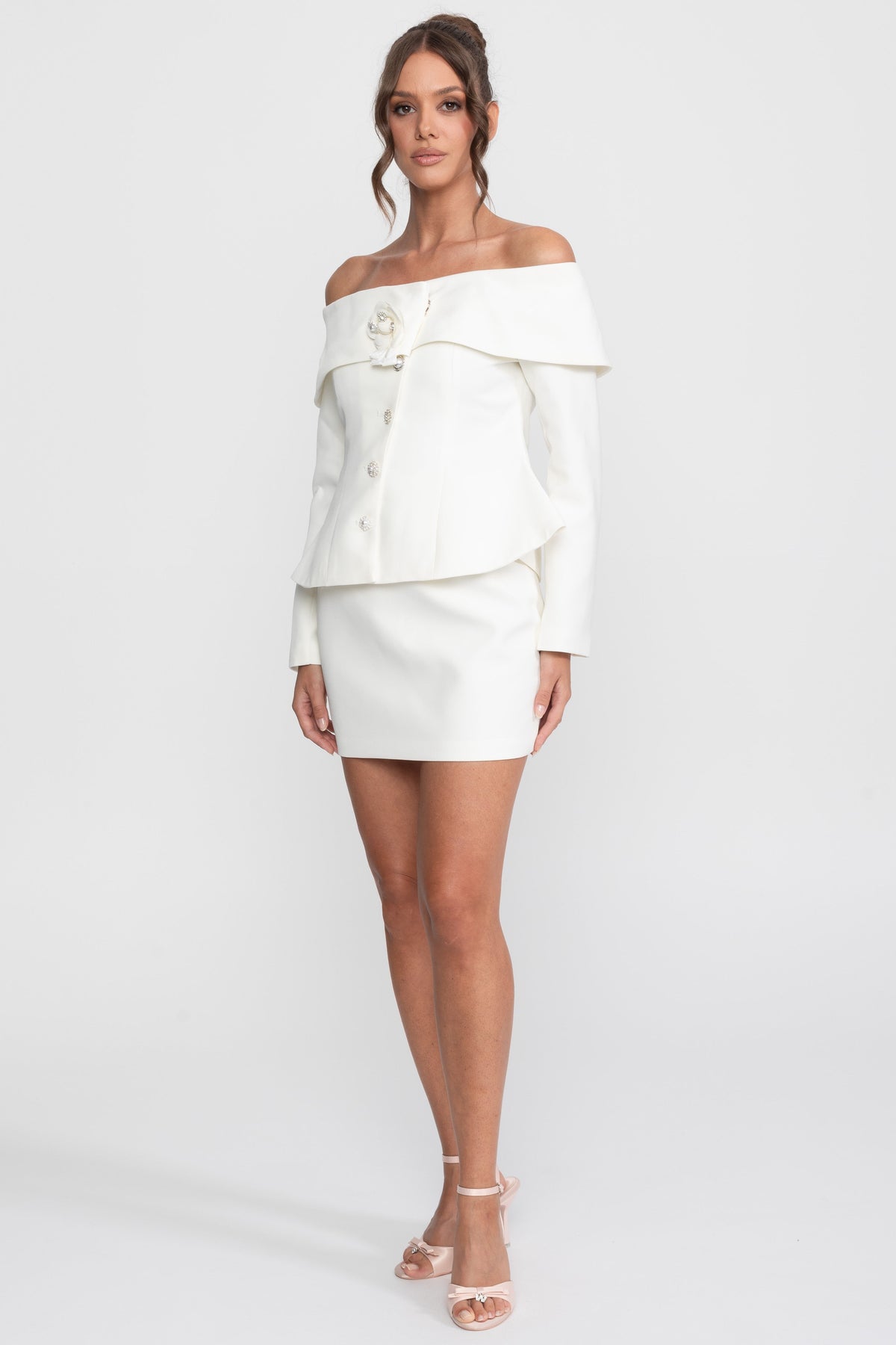 Off-Shoulder Peplum Top and Mini Skirt Co-ord Set with Crystal Brooch – White – view 4