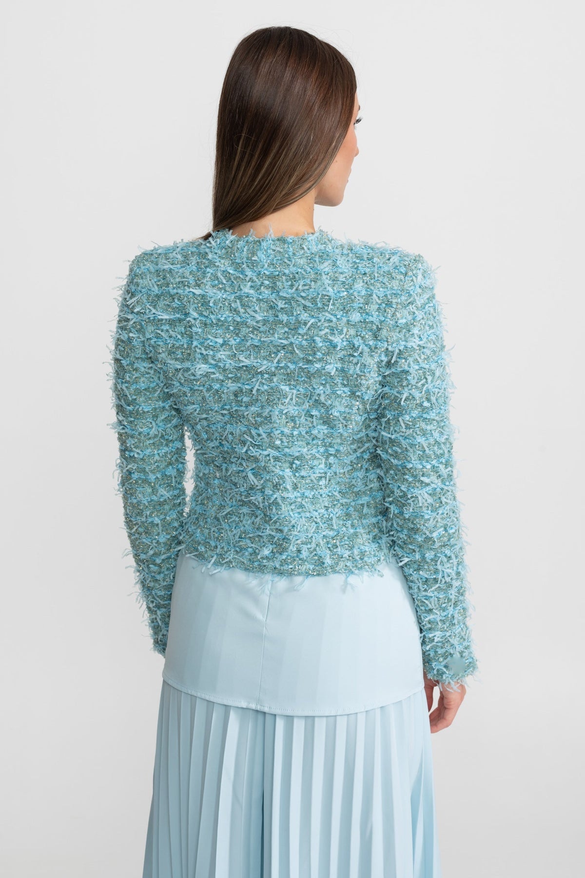 Round Neck Textured Tweed Jacket with Gold Buttons – Blue – view 5
