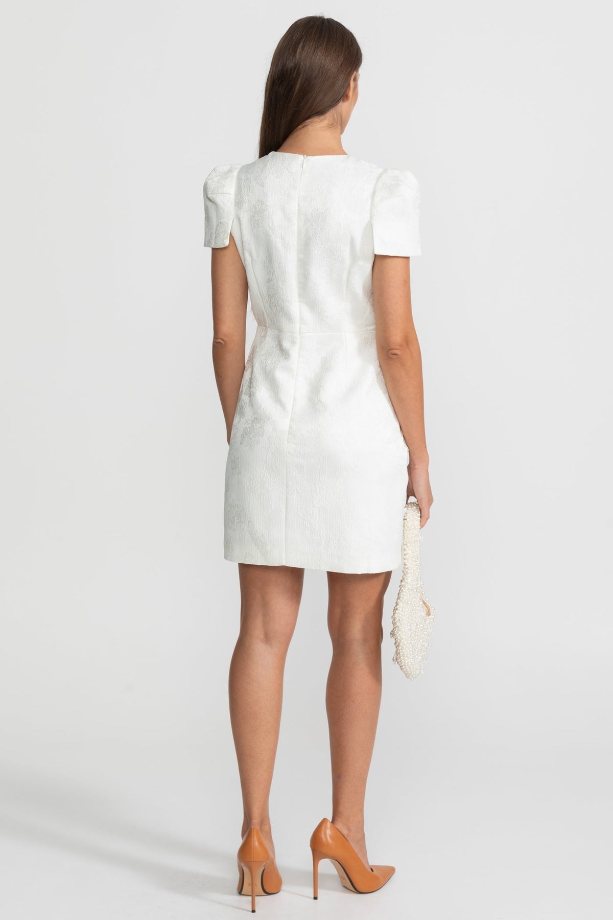 3D Floral Appliqué Short Sleeve Mini Dress with Quilted Skirt – White – view 7