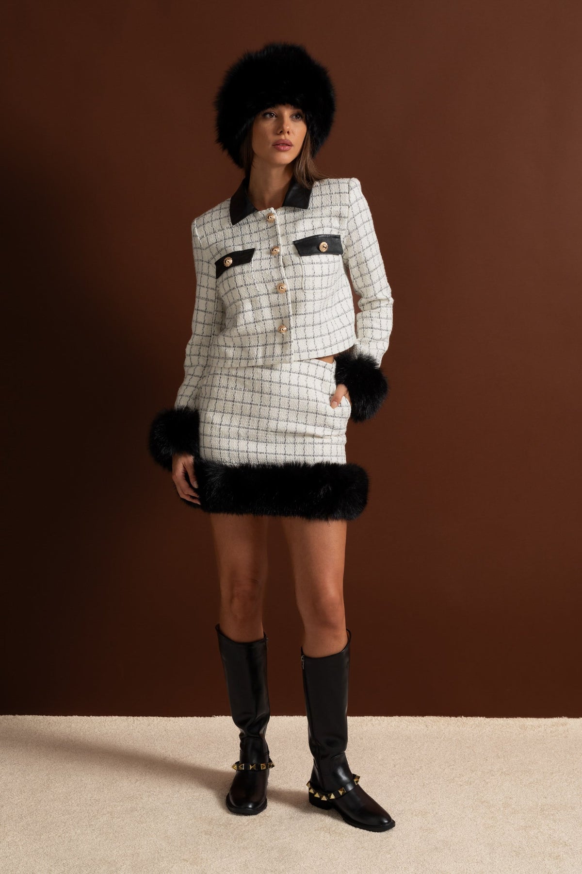 Check Tweed Faux Fur Trim Mini Skirt Set – White and Black – view 8