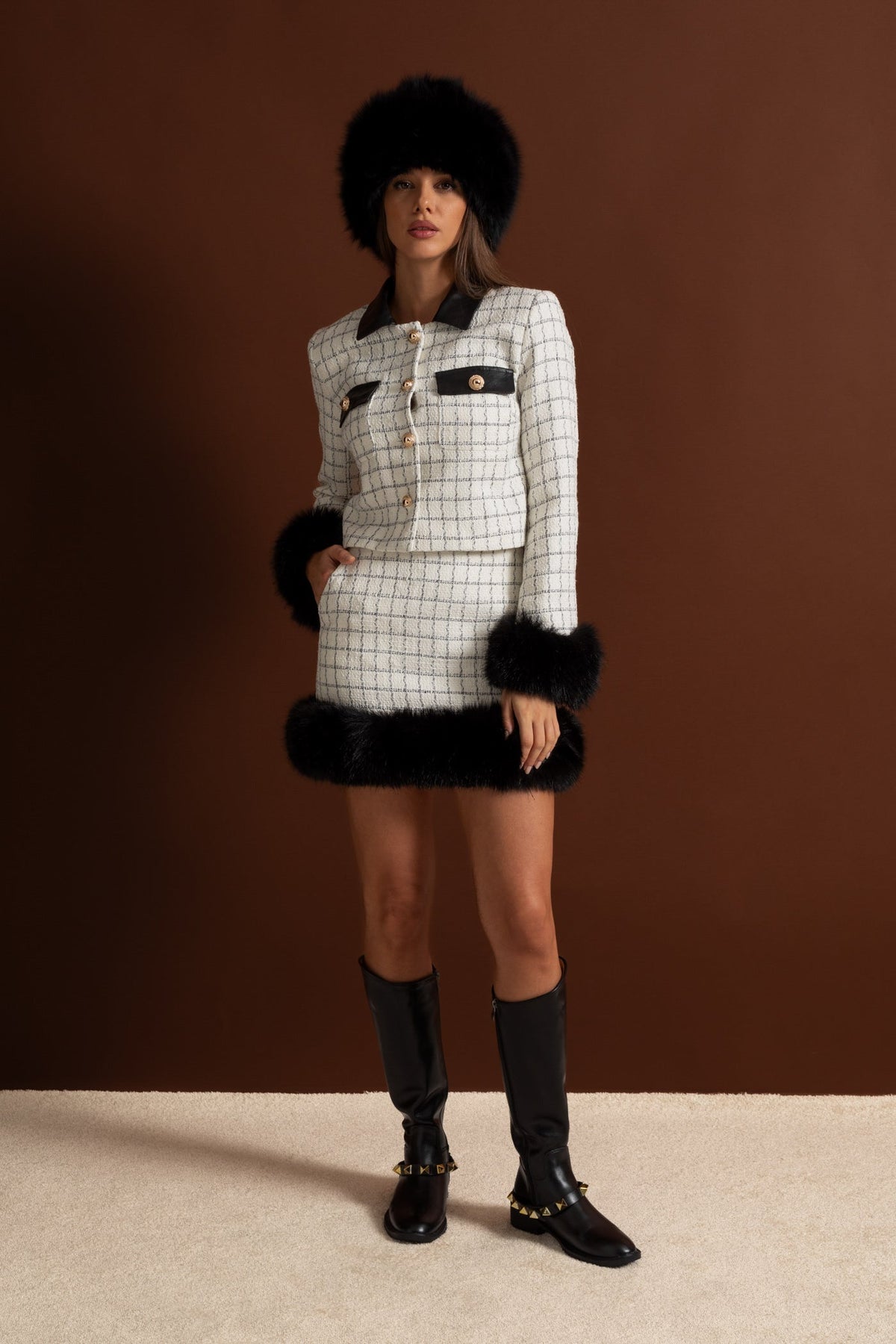 Check Tweed Faux Fur Trim Mini Skirt Set – White and Black – view 9