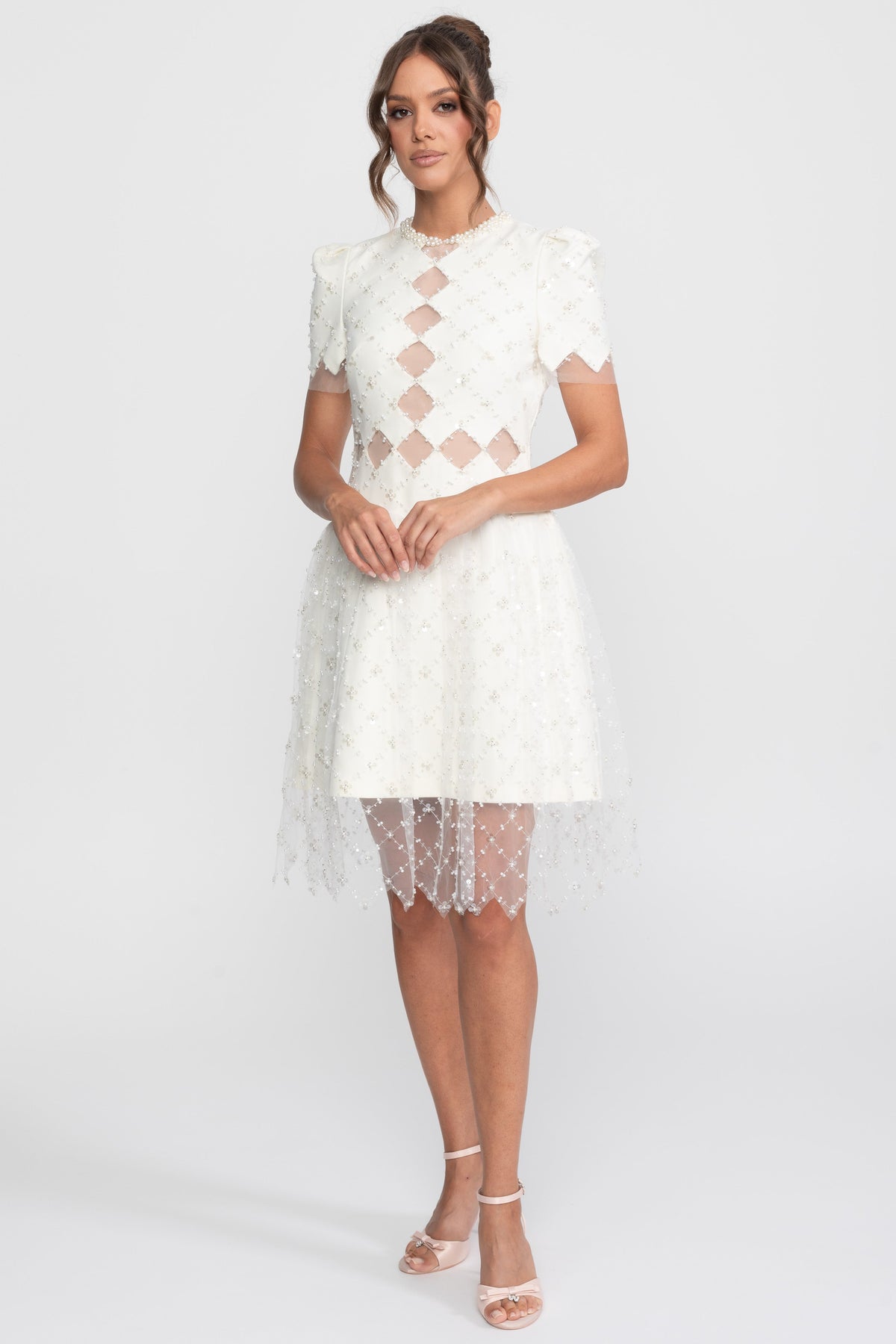 Pearl Trim Beaded Midi Dress with Diamond Mesh Cut-Outs – White – view 2