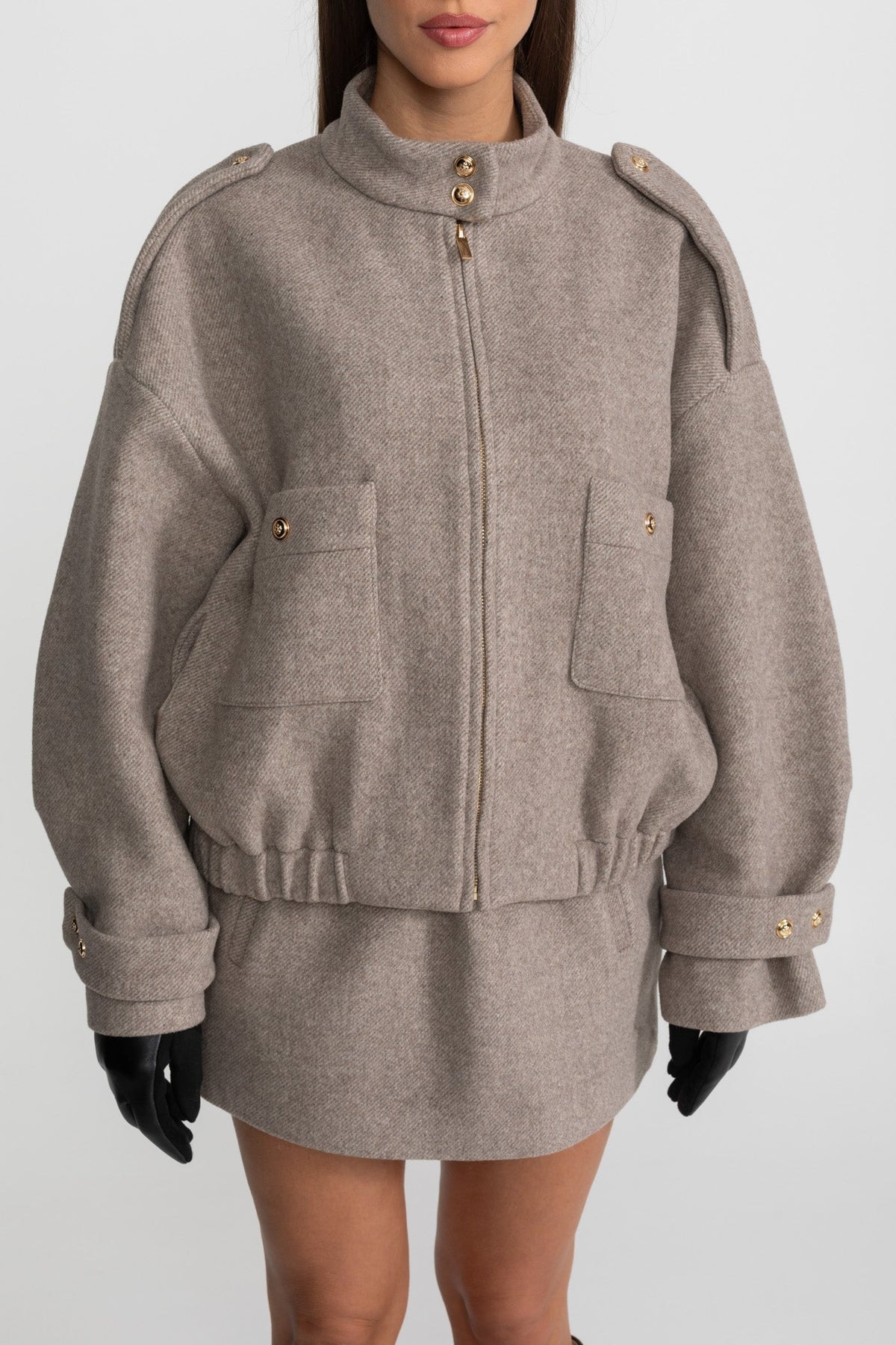 Wool Blend Cropped Bomber Jacket and Mini Skirt Co-ord Set – Taupe – view 5