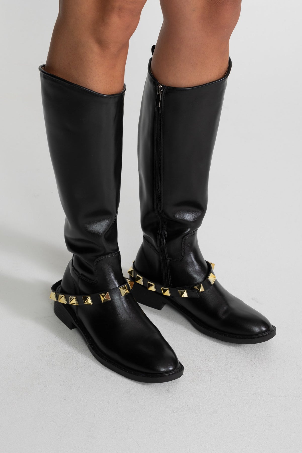 Vegan Leather Knee-High Boots with Detachable Gold Stud Strap – Black – view 3