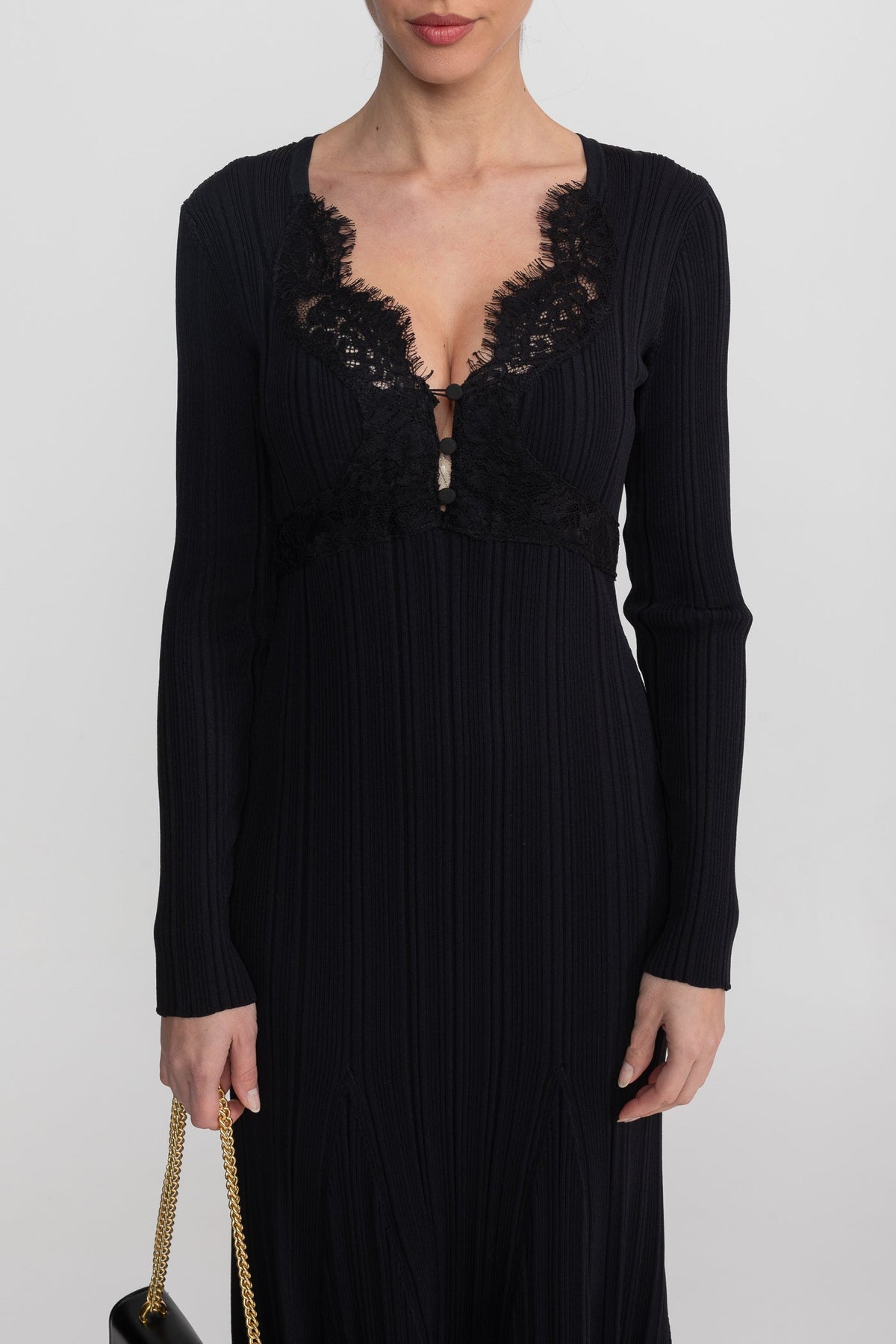 Ribbed Knit Lace Trim V-Neck Long Sleeve Midi Dress – Black – view 4