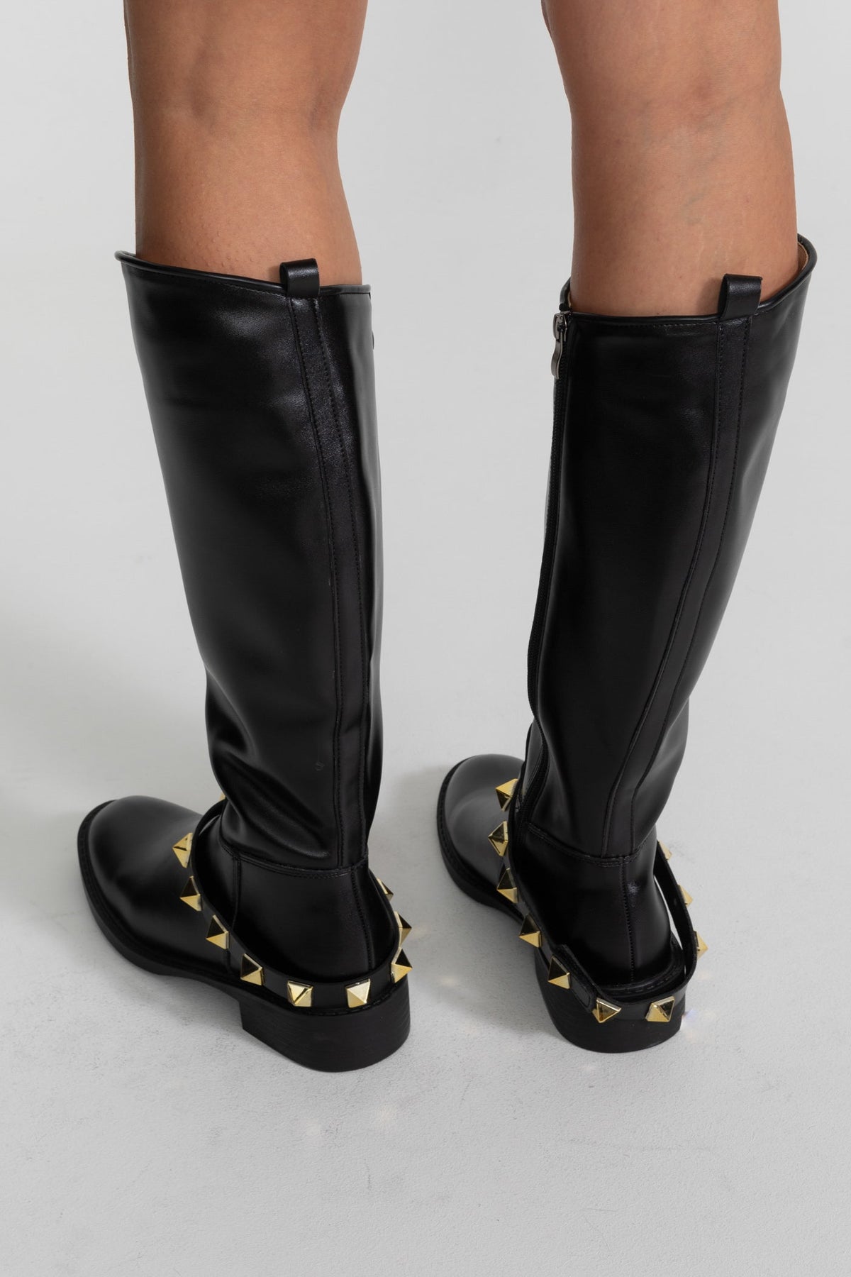 Vegan Leather Knee-High Boots with Detachable Gold Stud Strap – Black – view 2