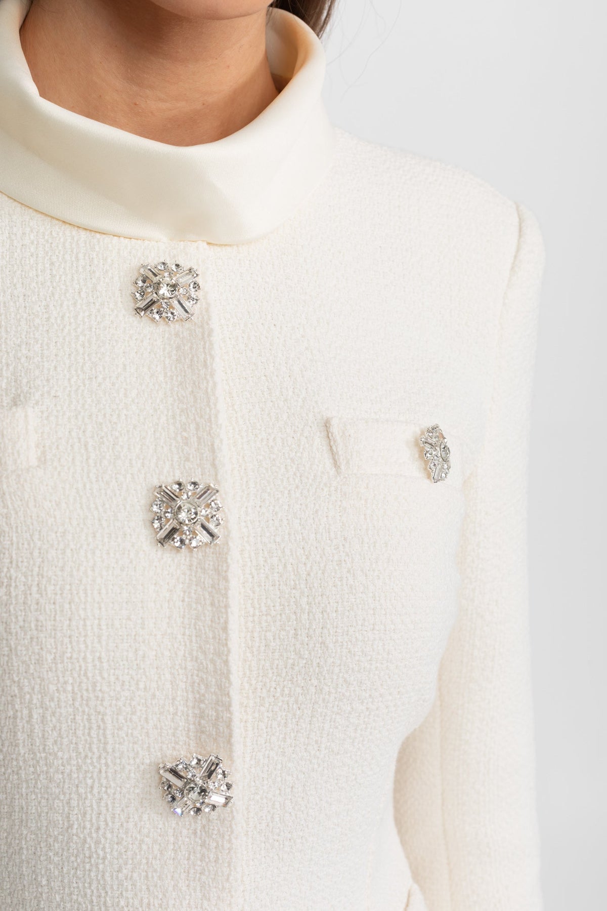 High Neck Long Sleeve Textured Mini Dress with Crystal Buttons – Ivory – view 6
