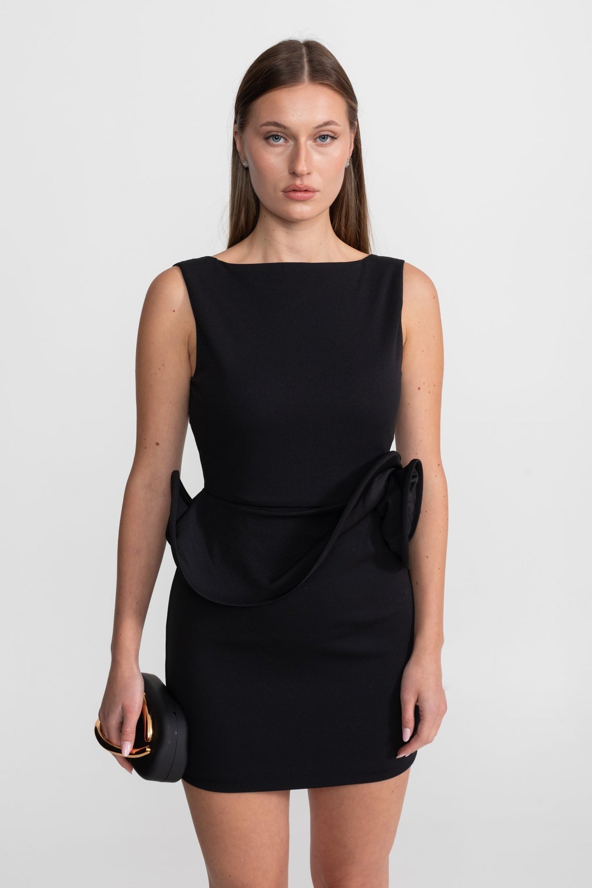 Sleeveless Boat Neck Crepe Mini Dress with Sculptural Peplum – Black – view 6