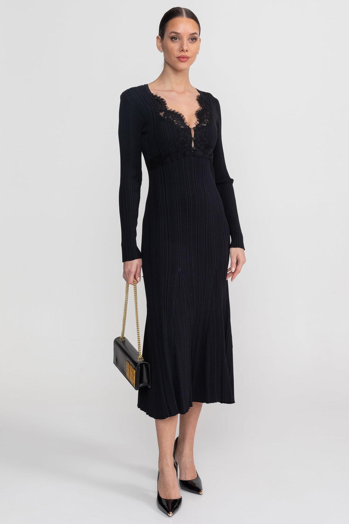 Ribbed Knit Lace Trim V-Neck Long Sleeve Midi Dress – Black – view 5