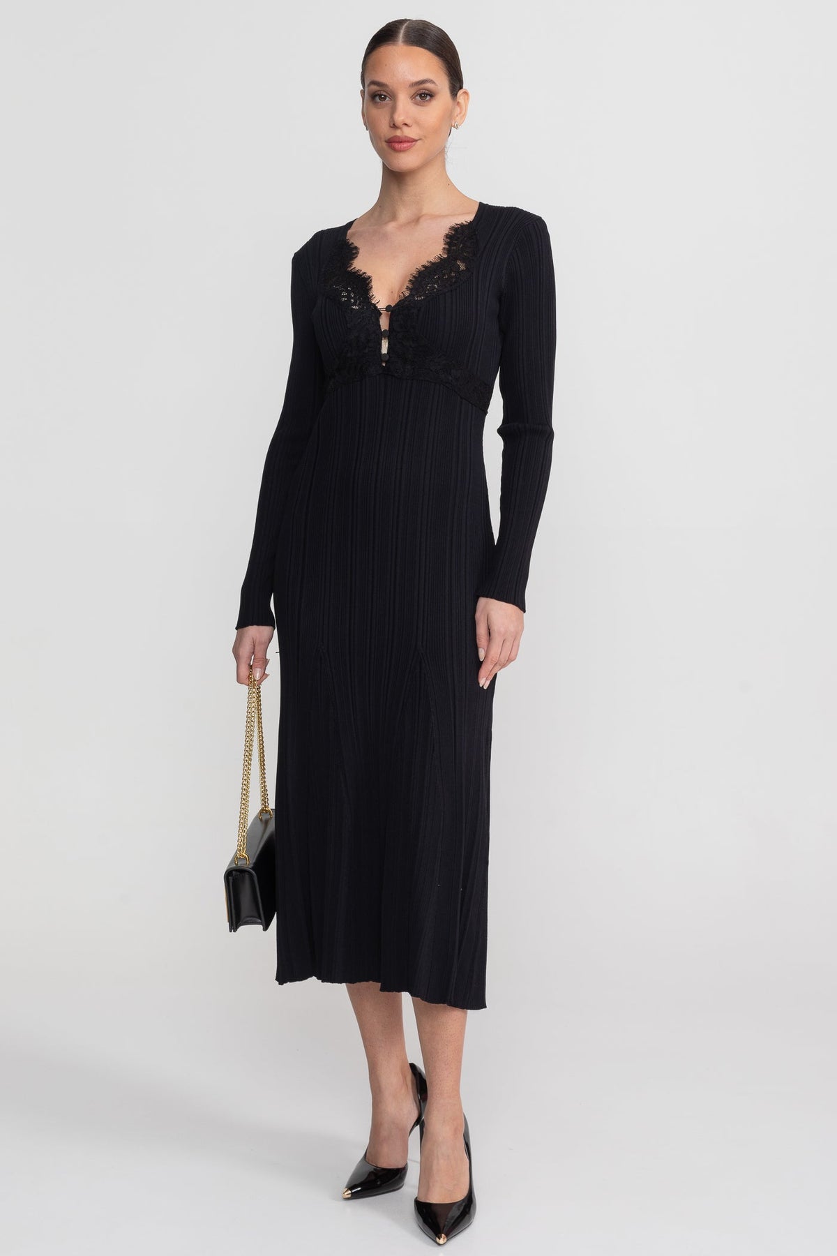 Ribbed Knit Lace Trim V-Neck Long Sleeve Midi Dress – Black – view 6