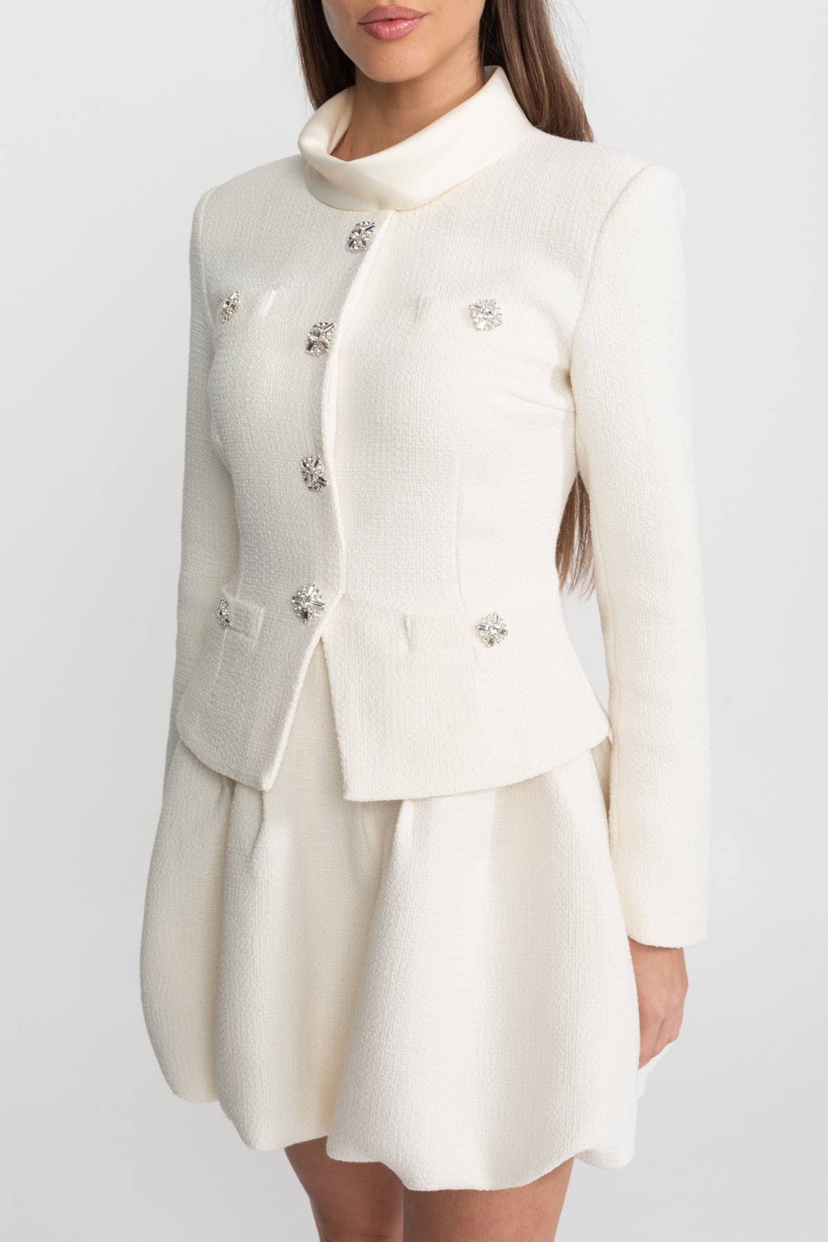 High Neck Long Sleeve Textured Mini Dress with Crystal Buttons – Ivory – view 7