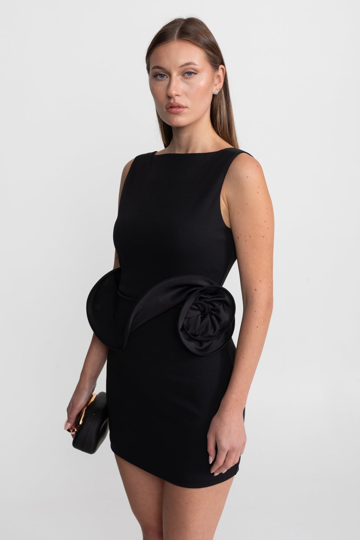 Sleeveless Boat Neck Crepe Mini Dress with Sculptural Peplum – Black