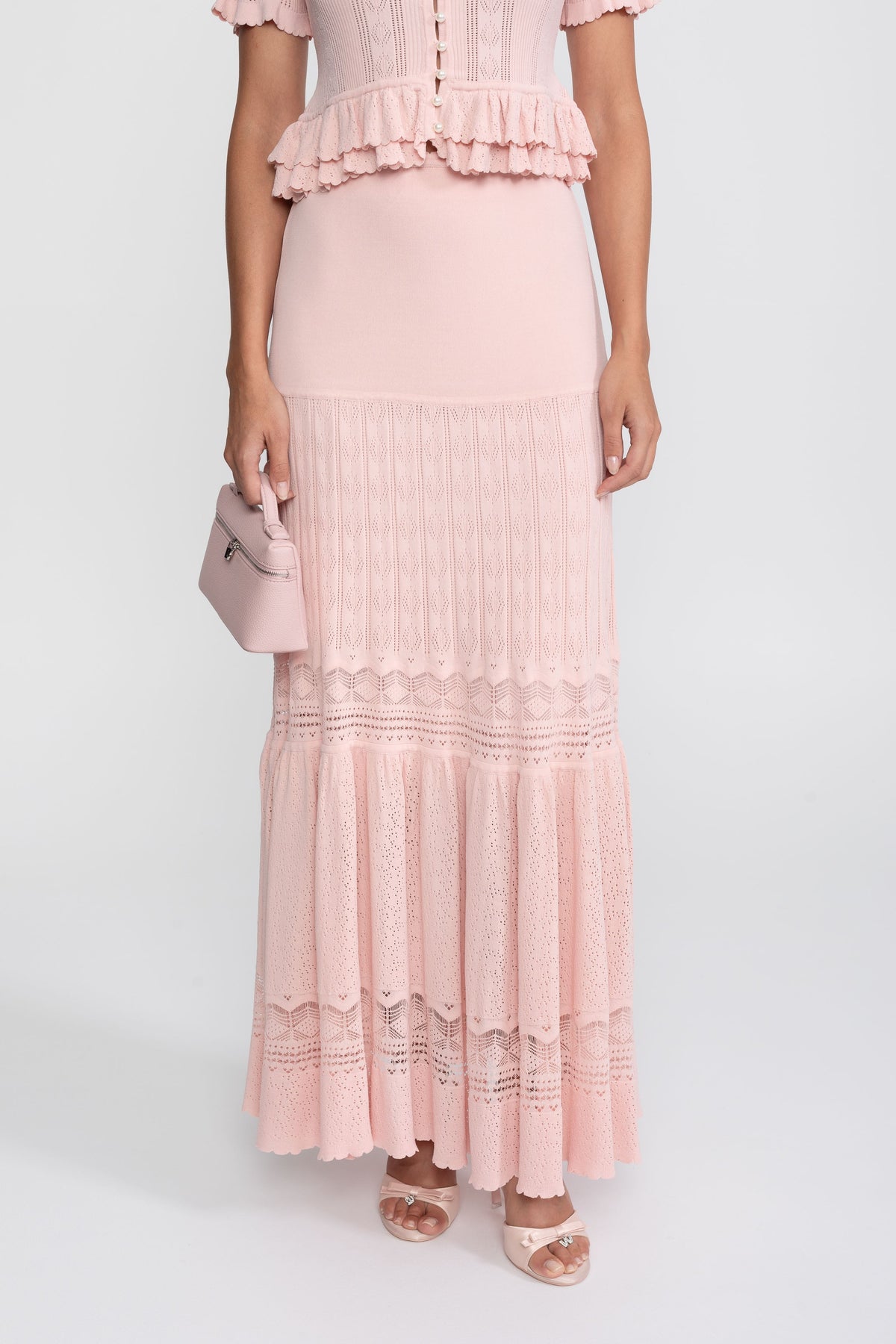 Ruffled Waist Knit Top and Maxi Skirt Set with Pearl Buttons – Pink – view 5