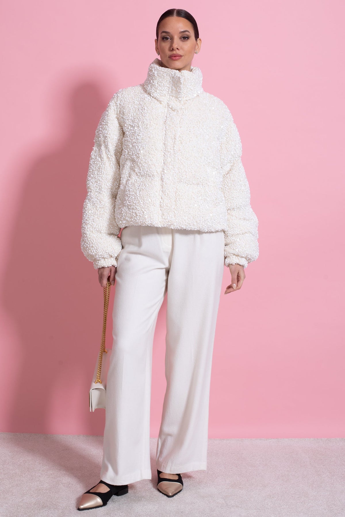Cropped Sequin Puffer Jacket with High Stand Collar – White – view 15