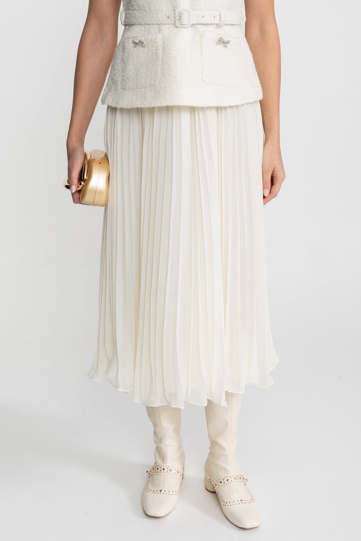 Sleeveless Textured Midi Dress with Pleated Chiffon Skirt – Ivory