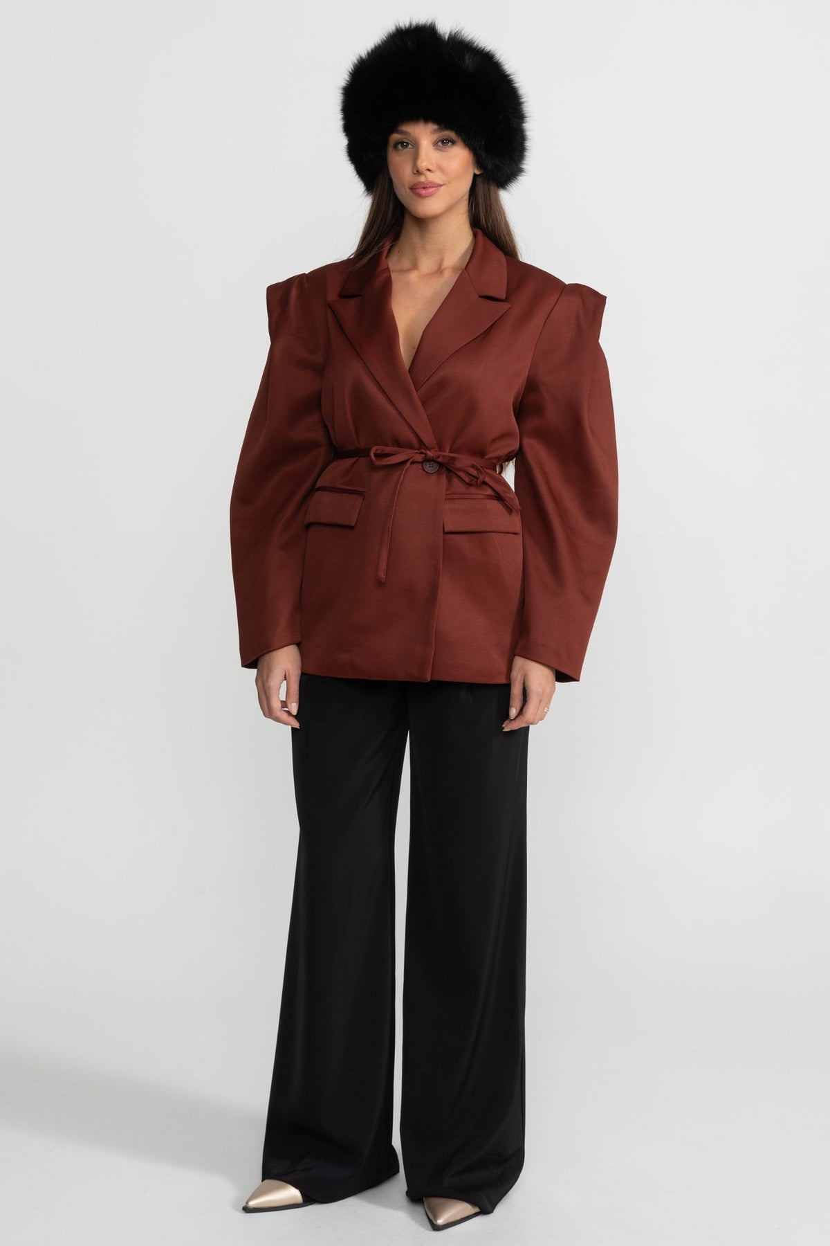 Structured Satin Blazer with Tie Belt – Chestnut Brown – view 2