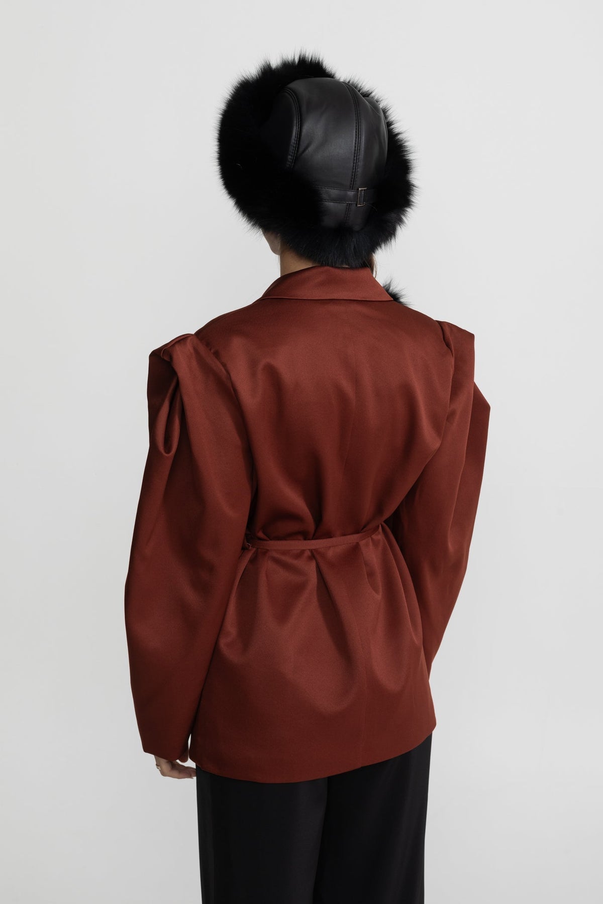 Structured Satin Blazer with Tie Belt – Chestnut Brown – view 4