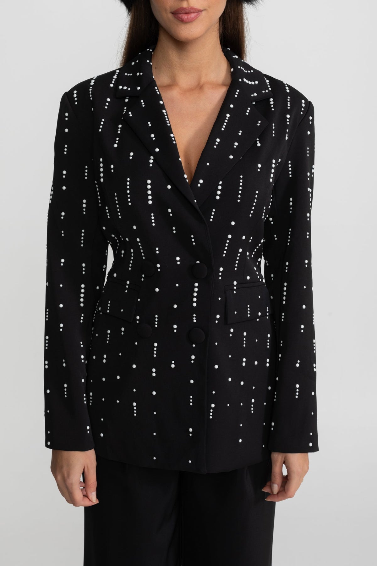 Double-Breasted Tailored Blazer with White Bead Embellishments – Black – view 3