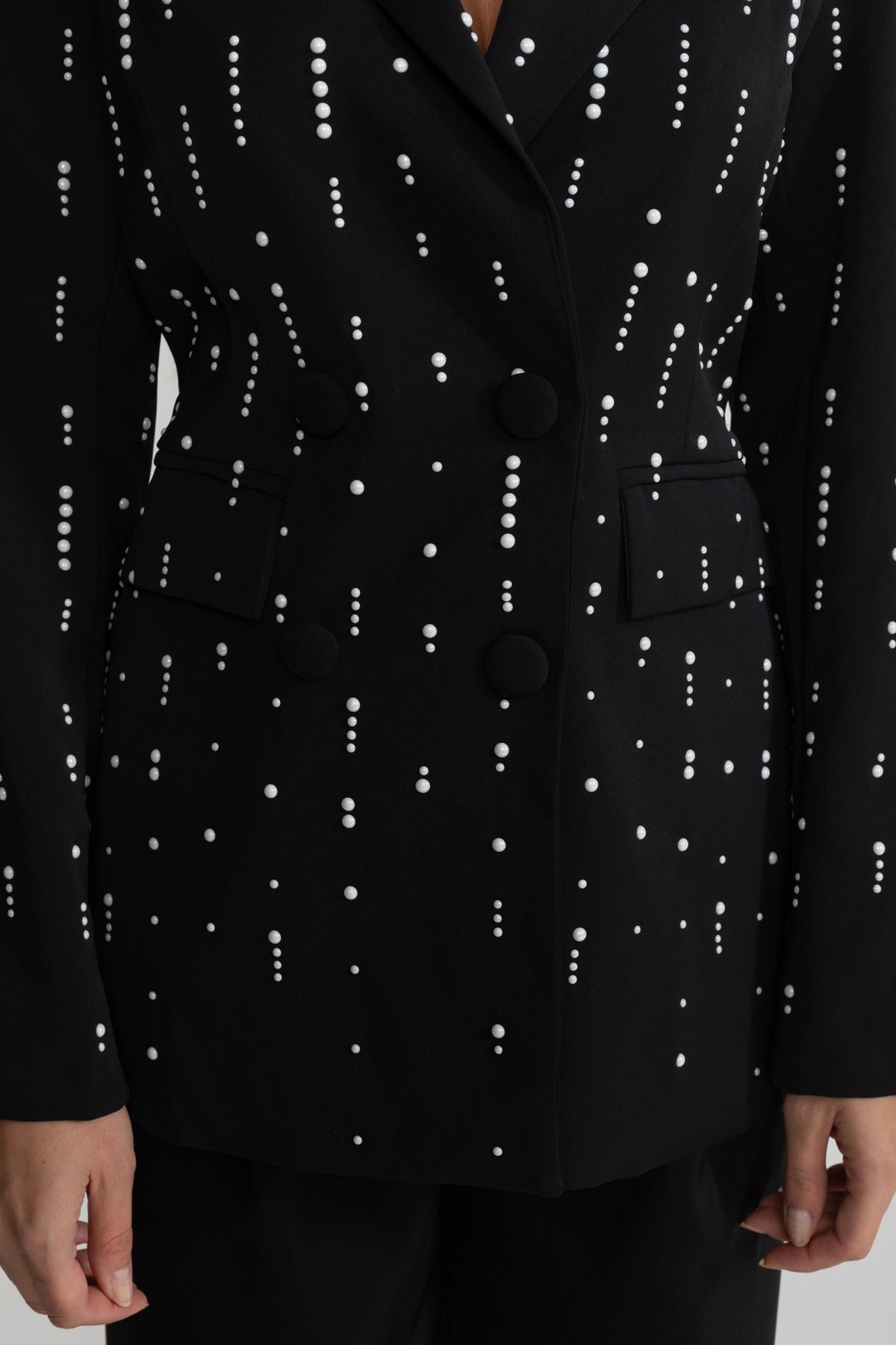 Double-Breasted Tailored Blazer with White Bead Embellishments – Black – view 4